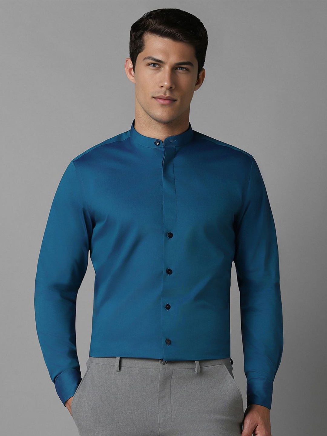 

Louis Philippe Men Mandarin Collar Solid Cotton Slim Fit Formal Shirt, Blue