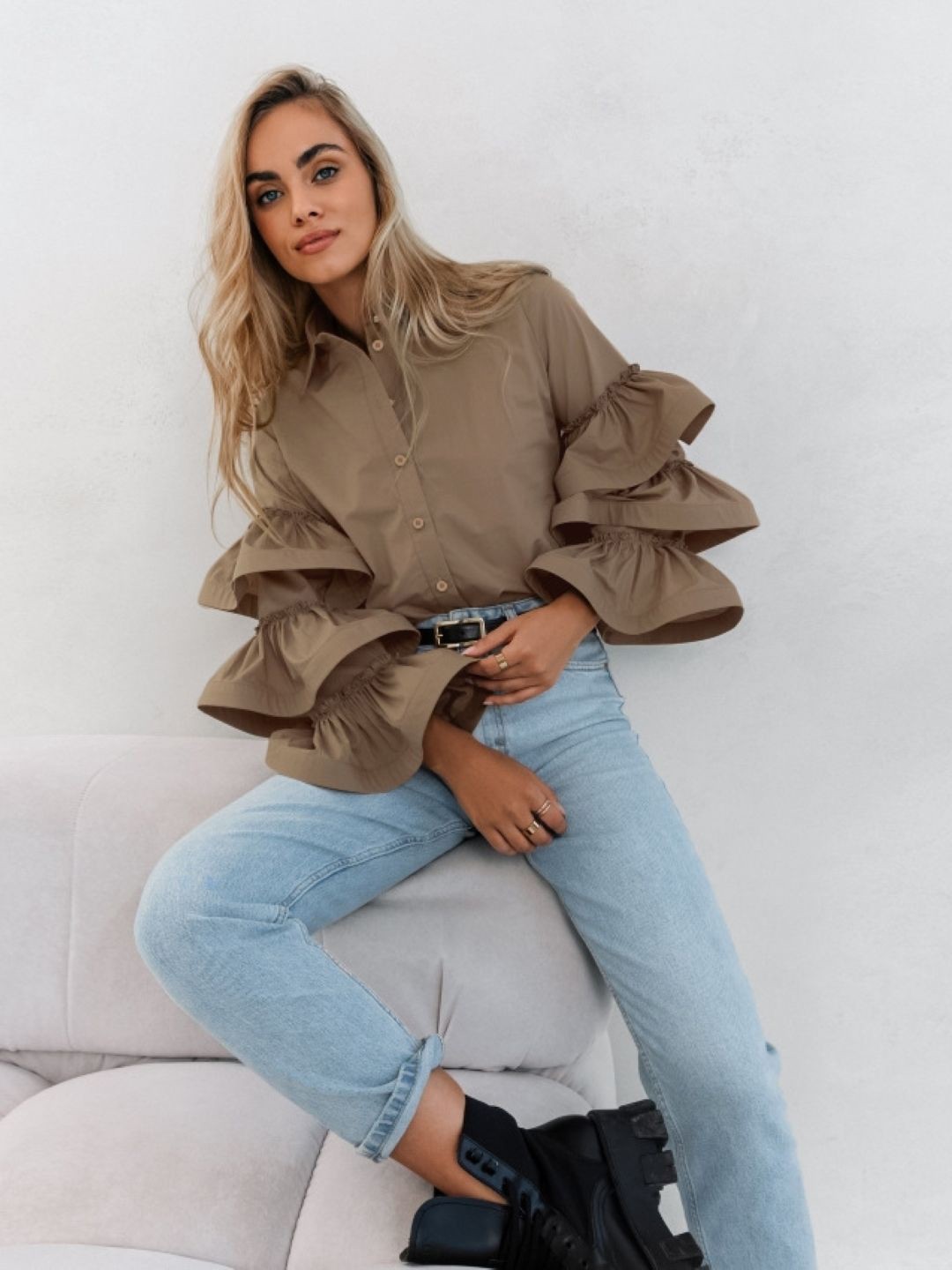 

KPOP Women Solid Shirt Collar Top, Brown