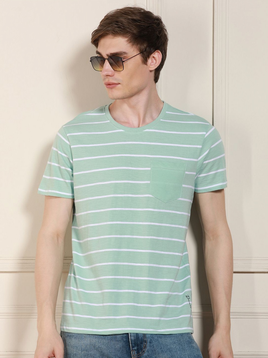 

Dennis Lingo Men Striped Round Neck Cotton T-shirt, Green