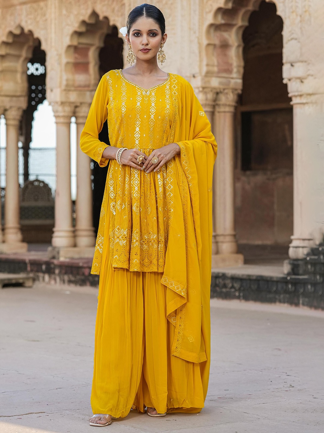 

SCAKHI Geometric Embroidered Sequinned Georgette A-Line Kurti with Palazzos & Dupatta, Mustard