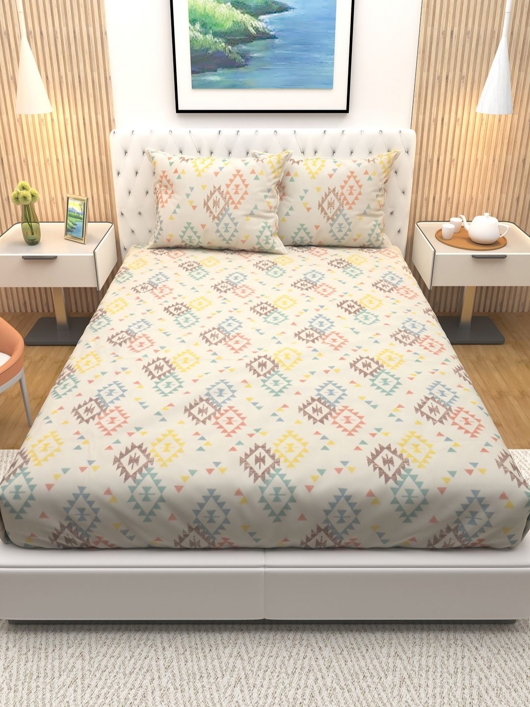 

Aura Cream Colored Geometric Printed Cotton 180 TC Queen Bedsheet & 2 Pillow Covers