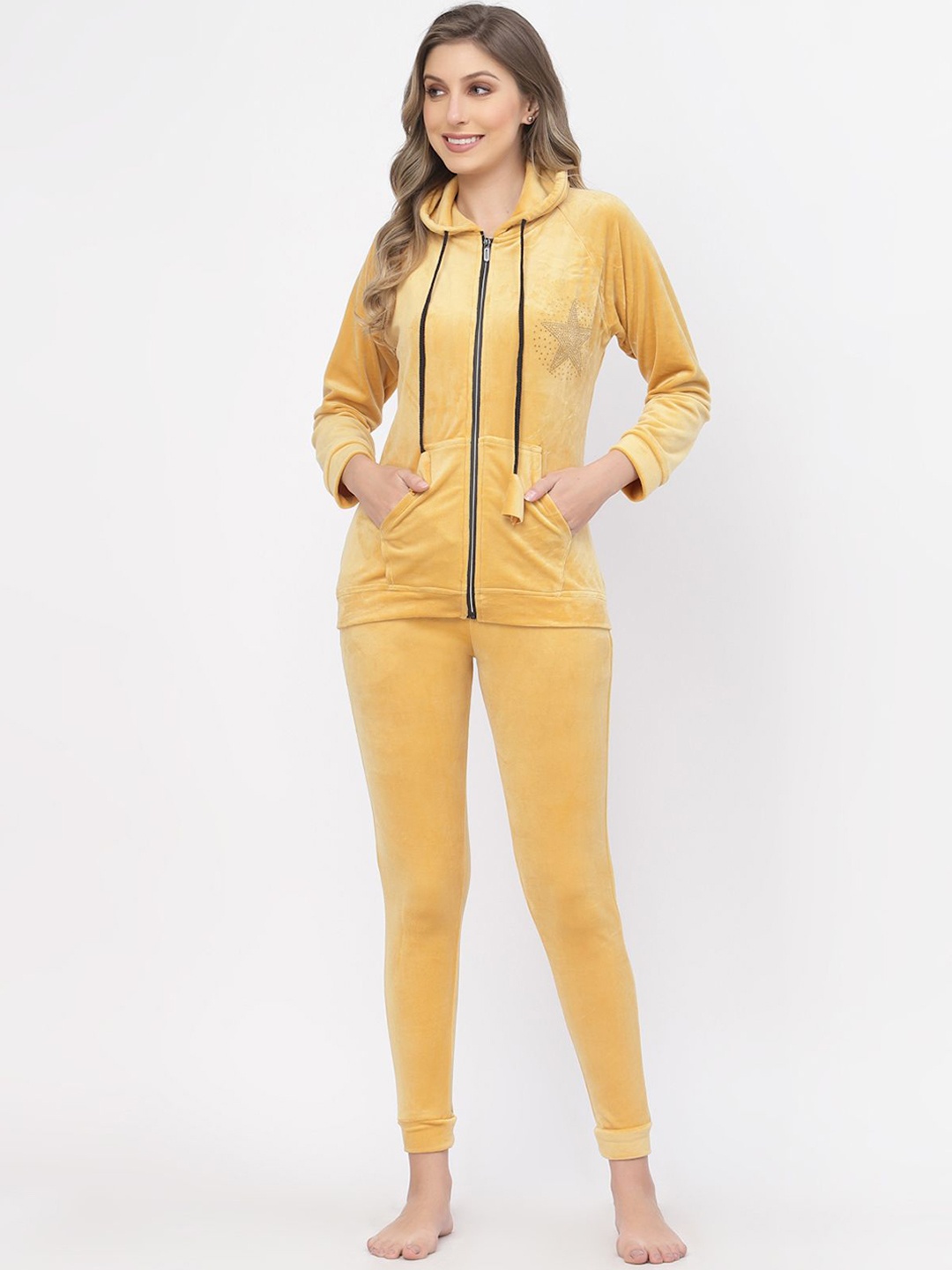 

SHYAM SONS FLAIR Women Solid Hooded Night suit, Yellow