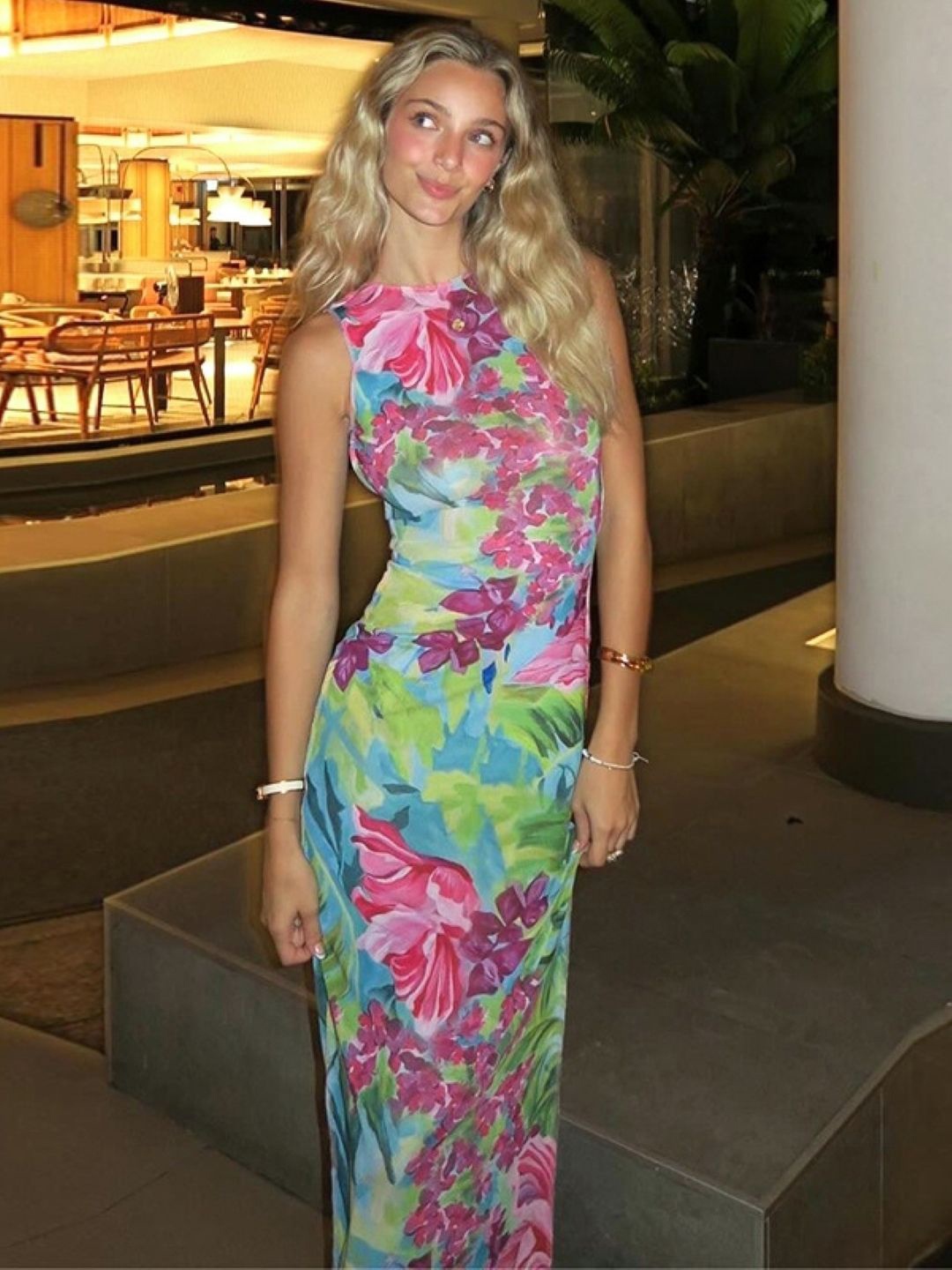 

KPOP Floral Printed Round Neck Sheath Maxi Dress, Green