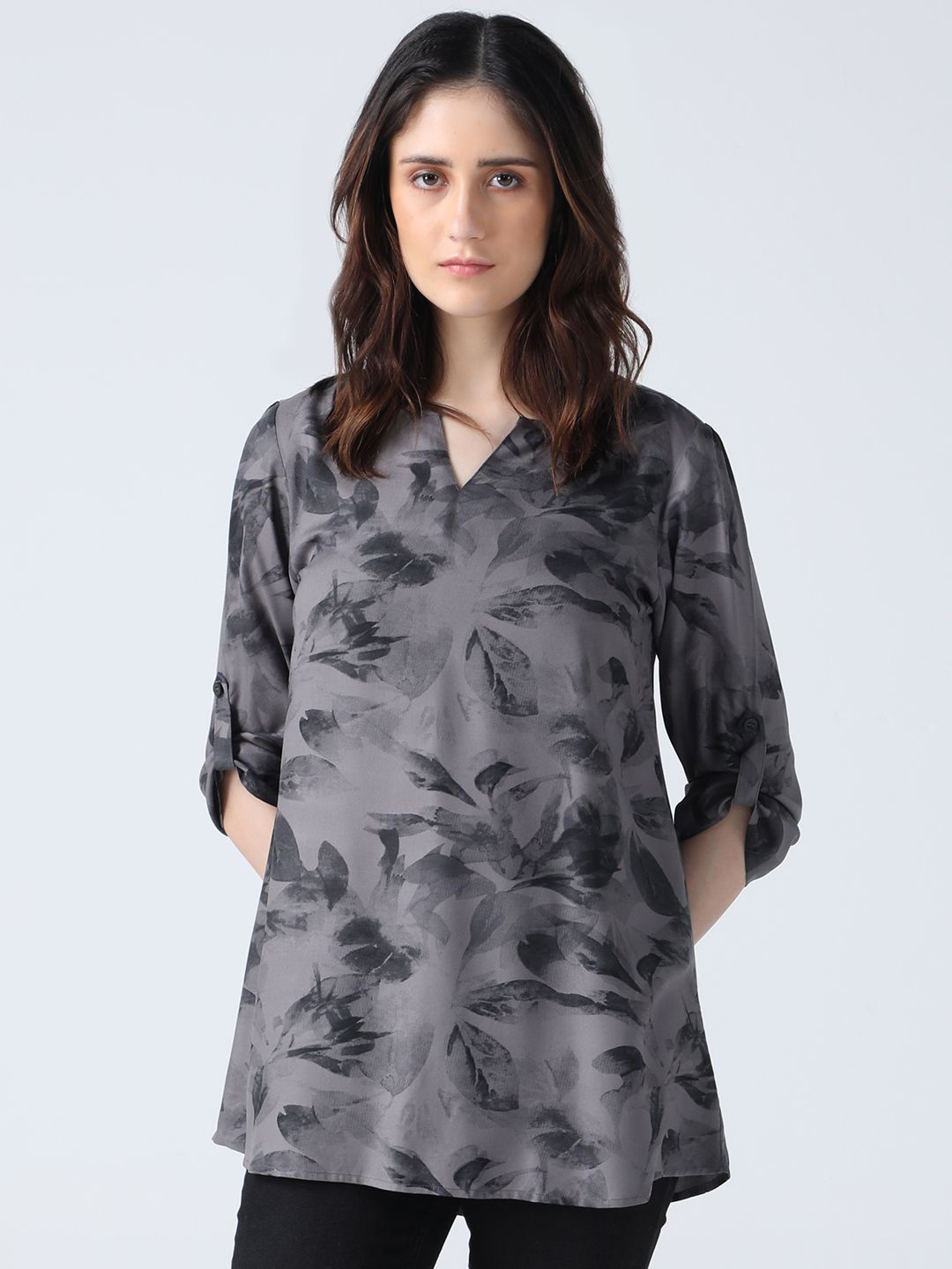 

IDK Women Abstract Printed Round Neck Top, Grey