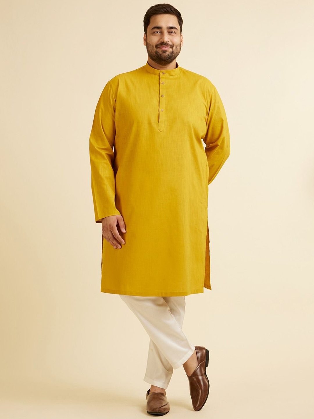 

Manyavar Plus Size Mandarin Collar Straight Kurta, Mustard