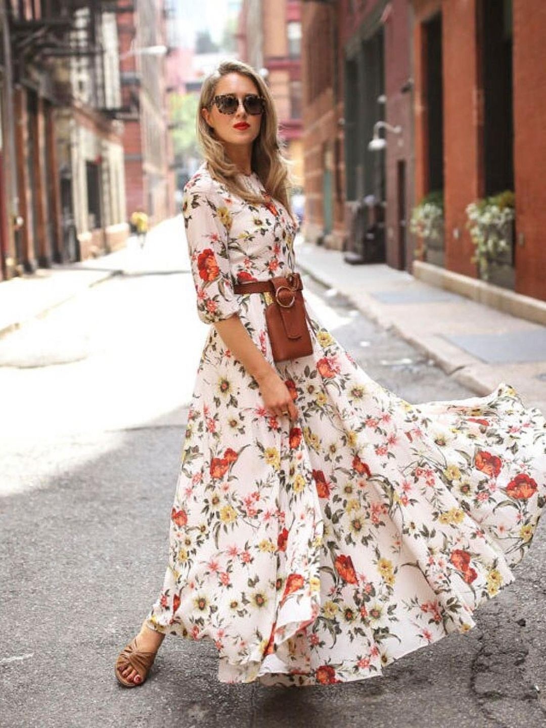 

KPOP Floral Print Puff Sleeve A-Line Maxi Dress, Cream