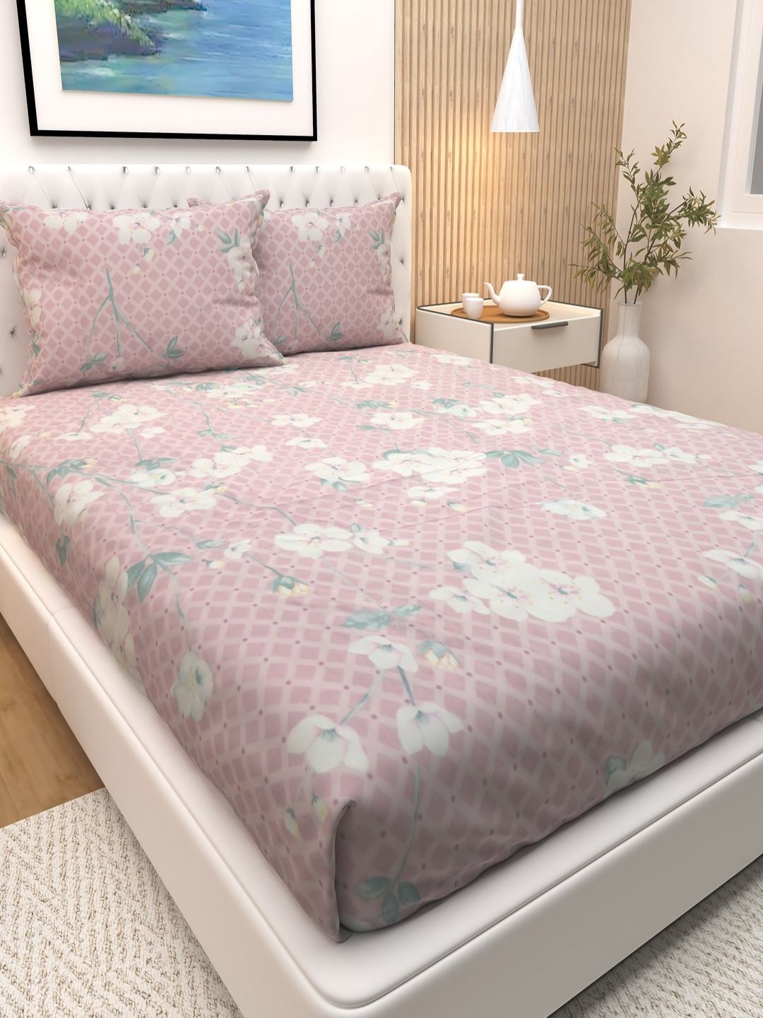 

Athom Living Pink & White Floral Printed Cotton 180 TC Queen Bedsheet with 2 Pillow Covers