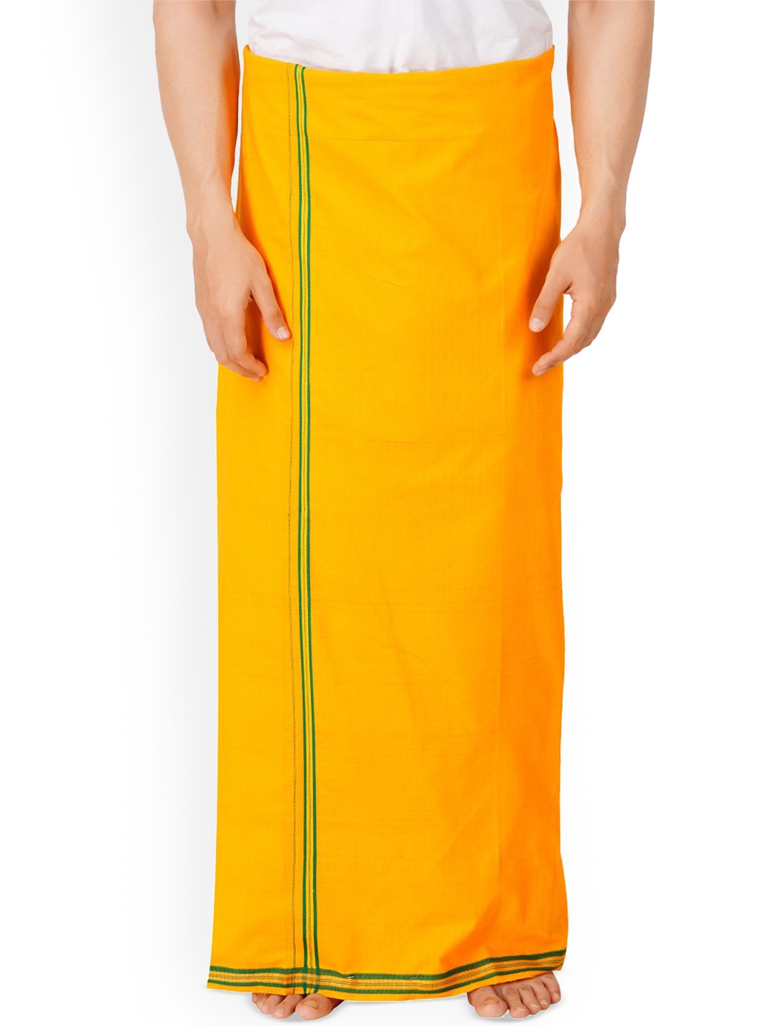 

ETHAZH Men Cultural Cotton Color Dhoti With Matching Dark Border, Yellow