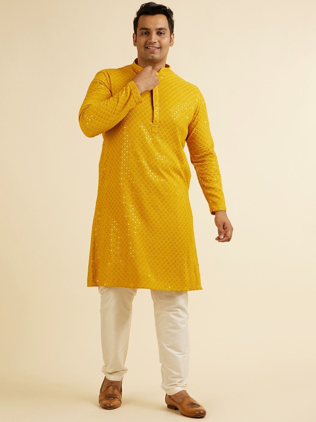 

Manyavar Men Floral Embroidered Regular Kurta with Pyjamas, Mustard