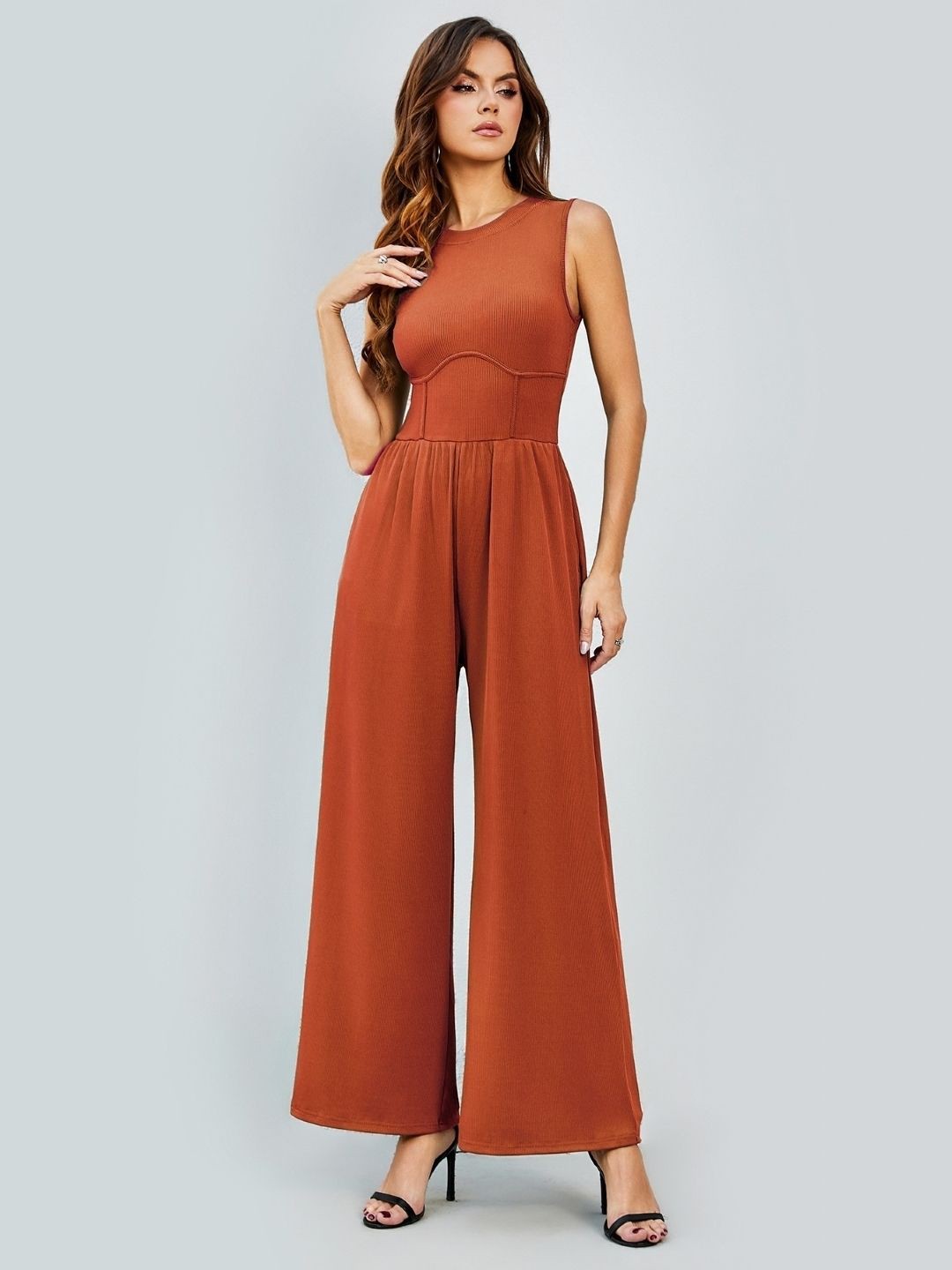

KPOP Sleeveless Basic Jumpsuit, Rust