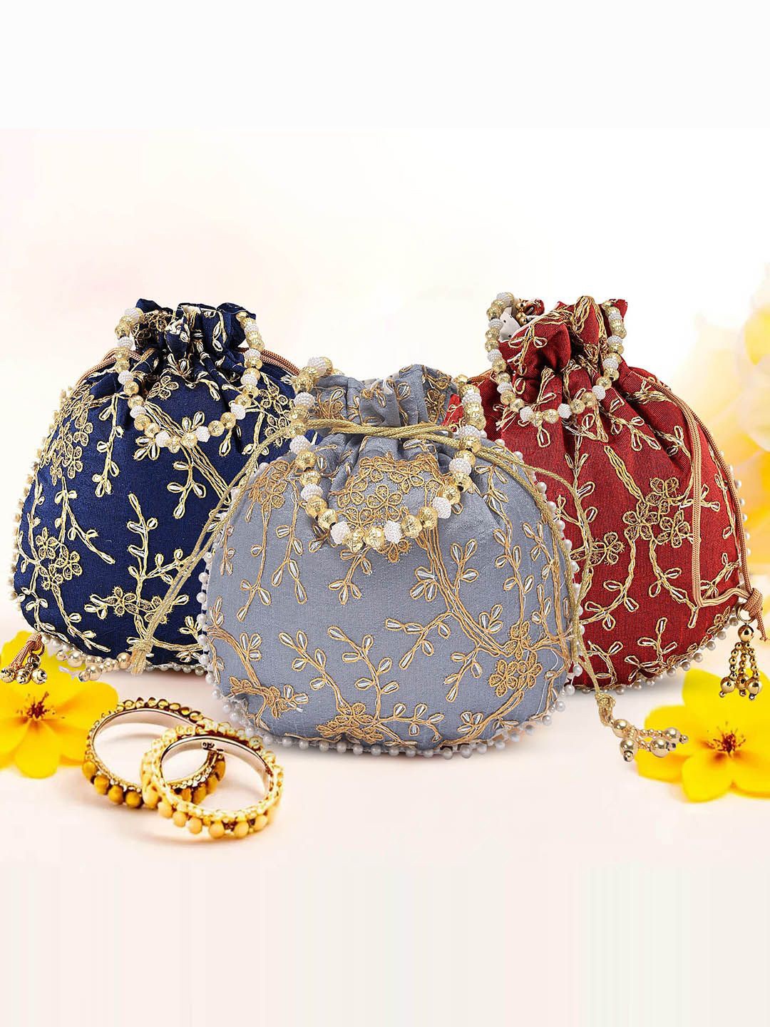 

Kuber Industries Set Of 3 Embroidered Potli Clutch, Blue