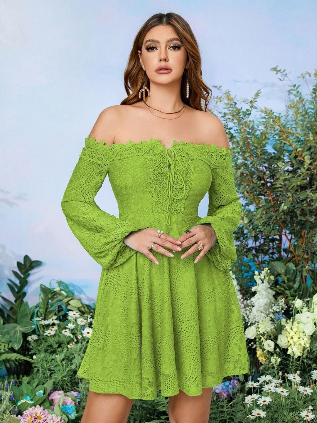 

KPOP Women Solid Off-Shoulder Puff Sleeve A-Line Above Knee Dress, Green