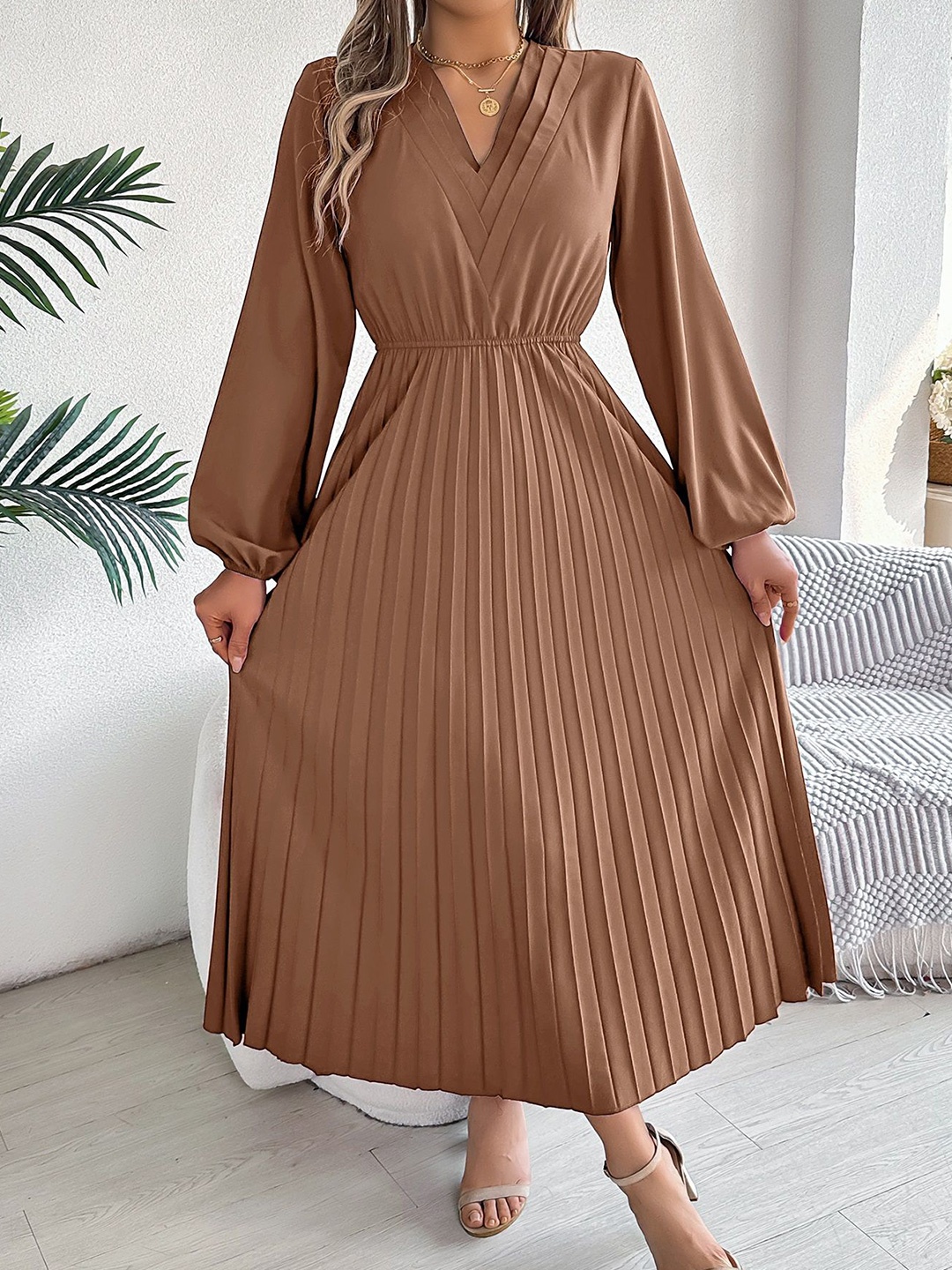 

HERE&NOW Women Striped V-neck Long Puff Sleeves Maxi Dress, Coffee brown