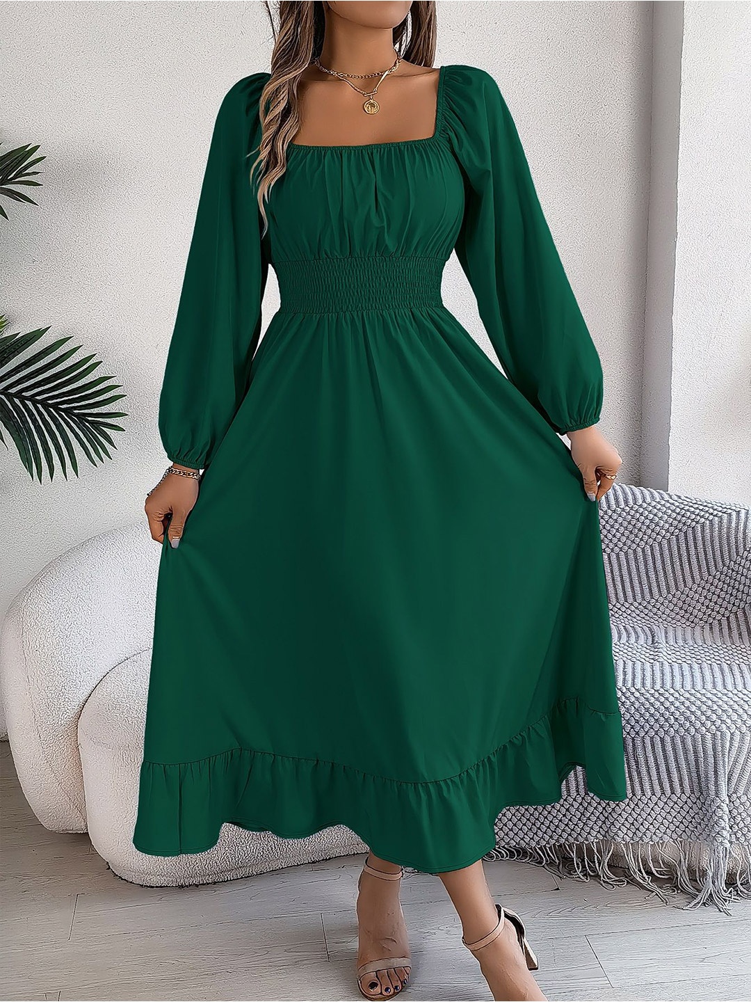

HERE&NOW Puff Sleeve Fit and Flare Midi Dress, Green
