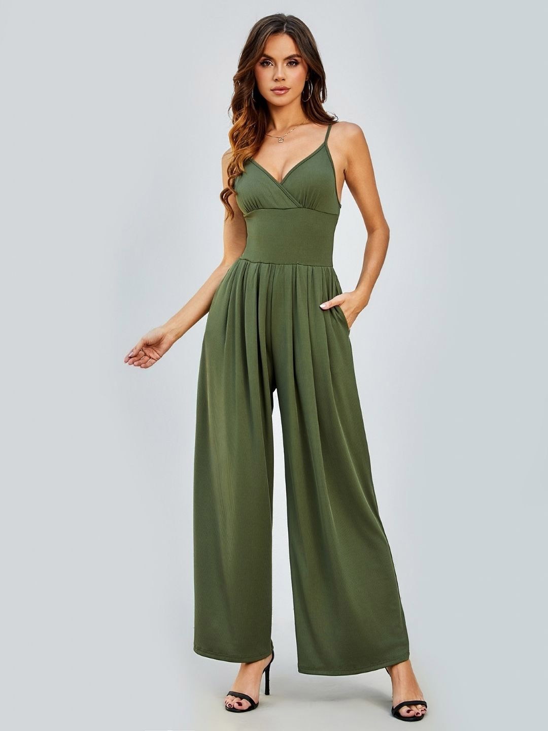 

KPOP Shoulder Strap Flared Leg Basic Jumpsuit, Green