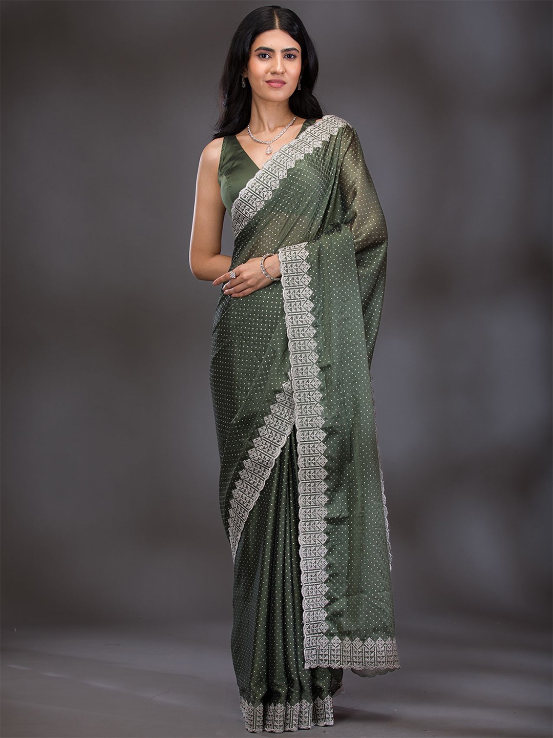

Koskii Beads and Stones Embellished Satin Saree With Blouse Piece, Green