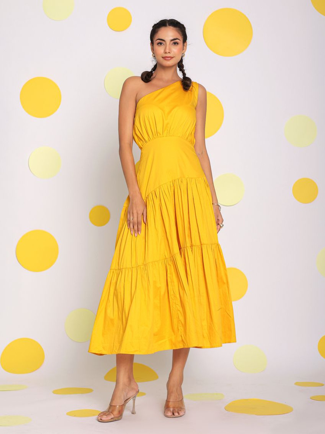 

KAORI BY SHREYA AGARWAL Women One Shoulder Fit & Flare Midi Dress, Yellow