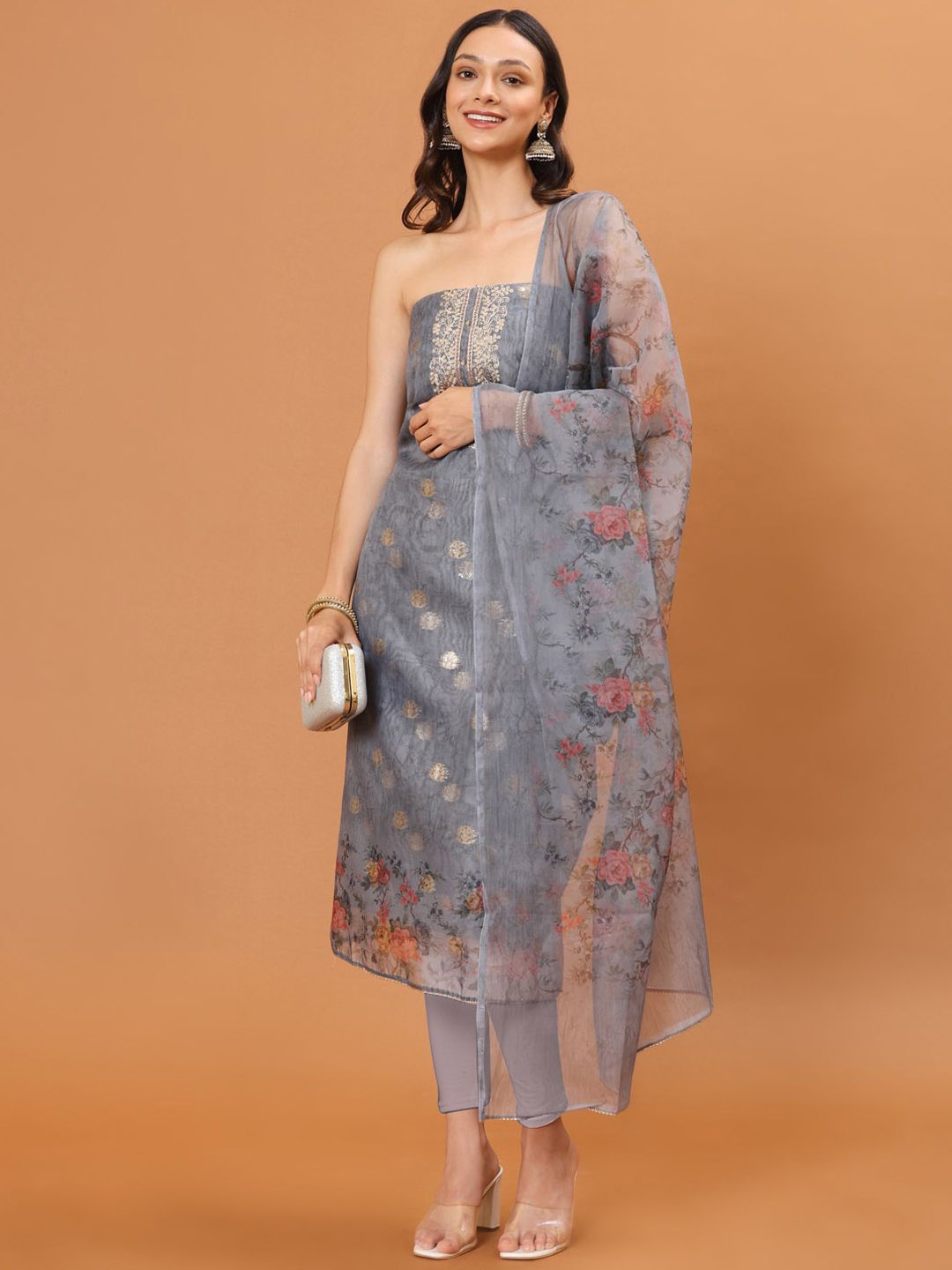 

Meena Bazaar Floral Printed Thread Work Unstitched Dress Material, Grey