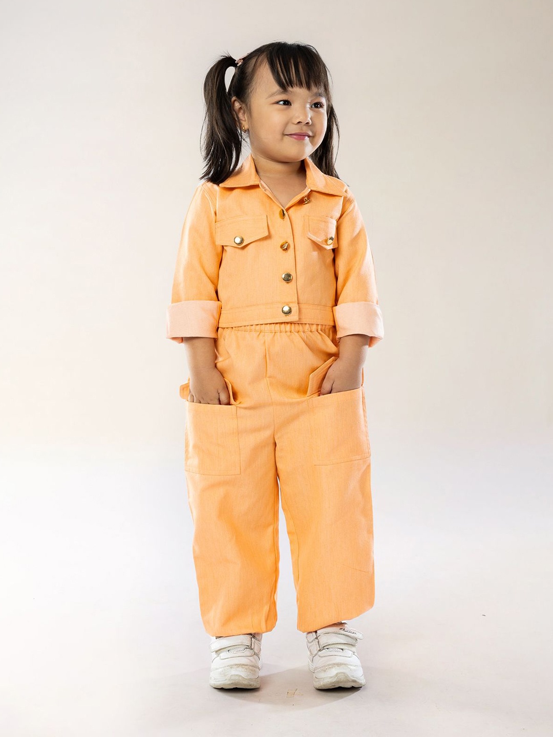 

BAESD Girls Shirt Collar Neck Pure Cotton Shirt With Joggers, Orange