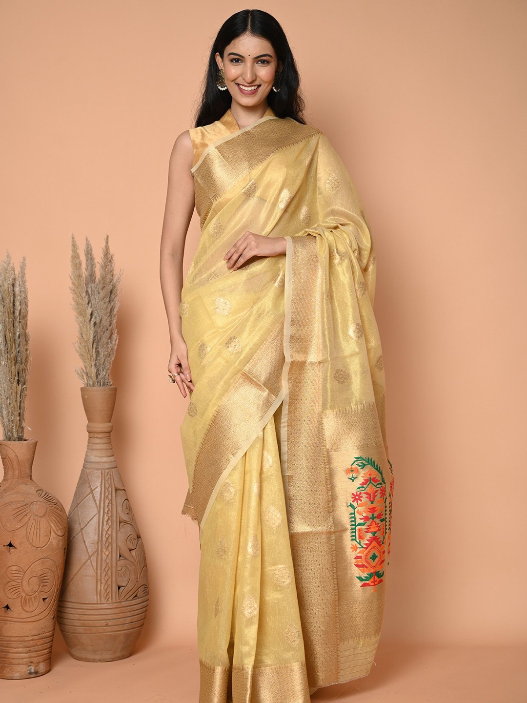 

BEATITUDE Woven Design Zari Tissue Saree, Yellow