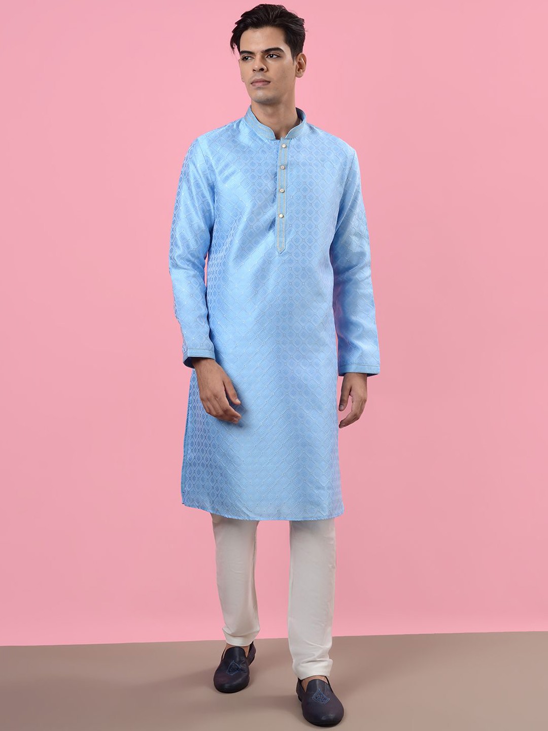 

azania Ethnic Motifs Self Design Mandarin Collar Jacquard Kurta With Pyjamas, Blue