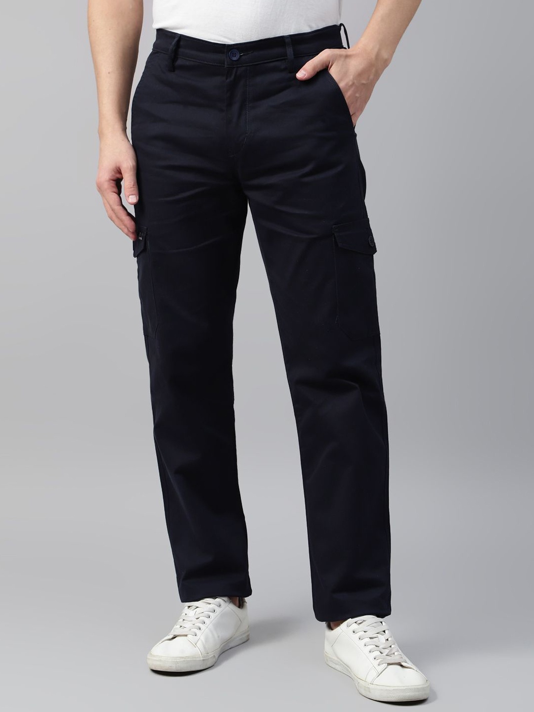 

Hancock Men Solid Straight Fit Stretchable Cargos Trouser, Navy blue