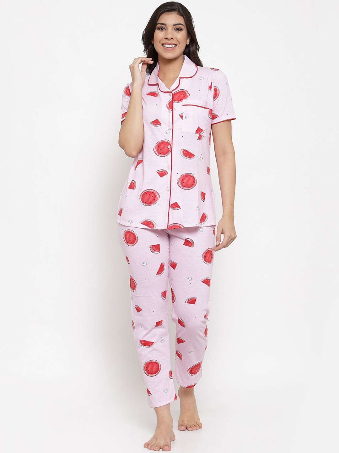 

SHYAM SONS FLAIR Women Conversational Printed Lapel Collar Night suit, Pink