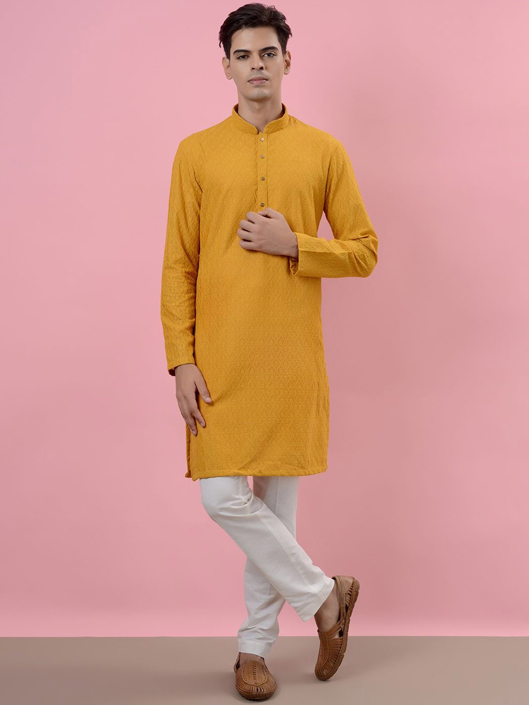 

azania Ethnic Motifs Embroidered Mandarin Collar Chikankari Thread Work Kurta With Pyjamas, Yellow