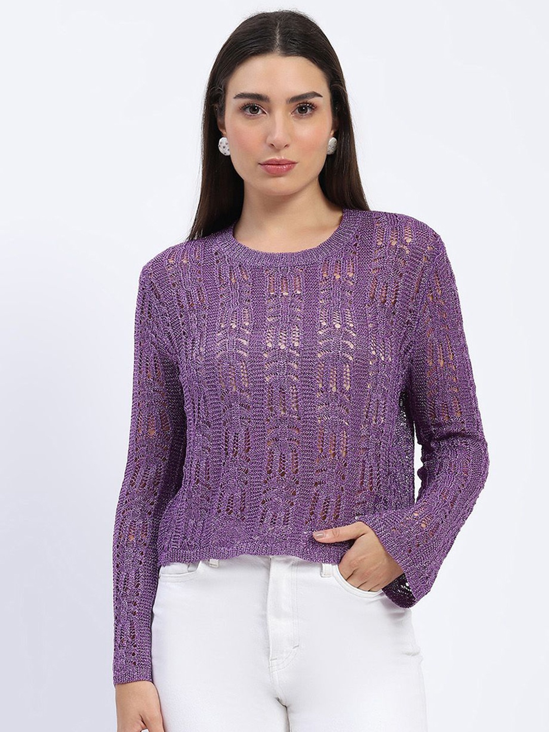 

Madame Women Self Design Round Neck Top, Purple