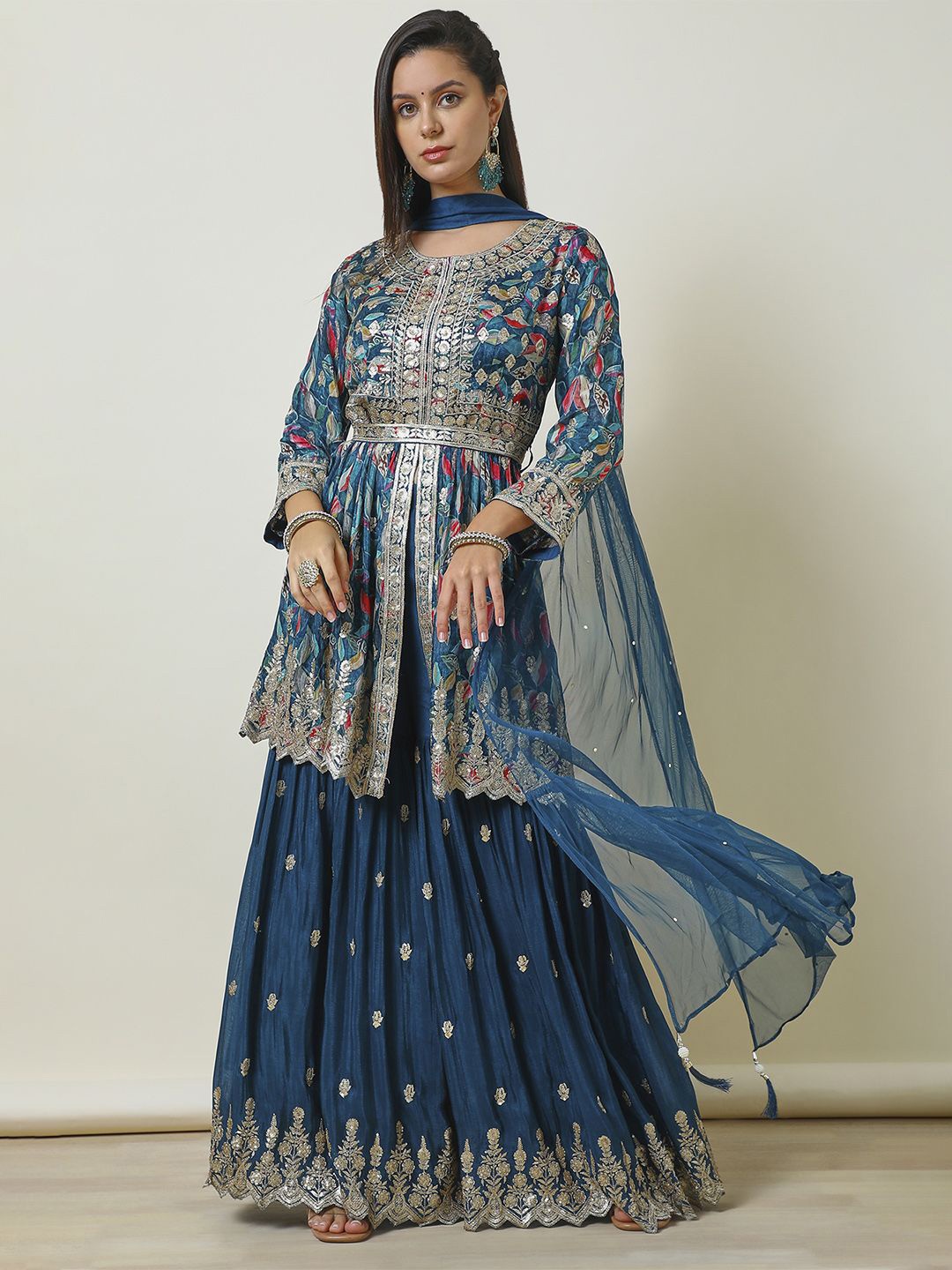 

Soch Ethnic Motifs Embroidered Pleated Sequinned Anarkali Kurti with Sharara & Dupatta, Blue