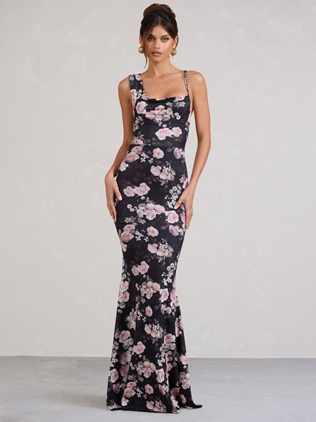 

KPOP Women Floral Printed Sweetheart Neck Maxi Dress, Black