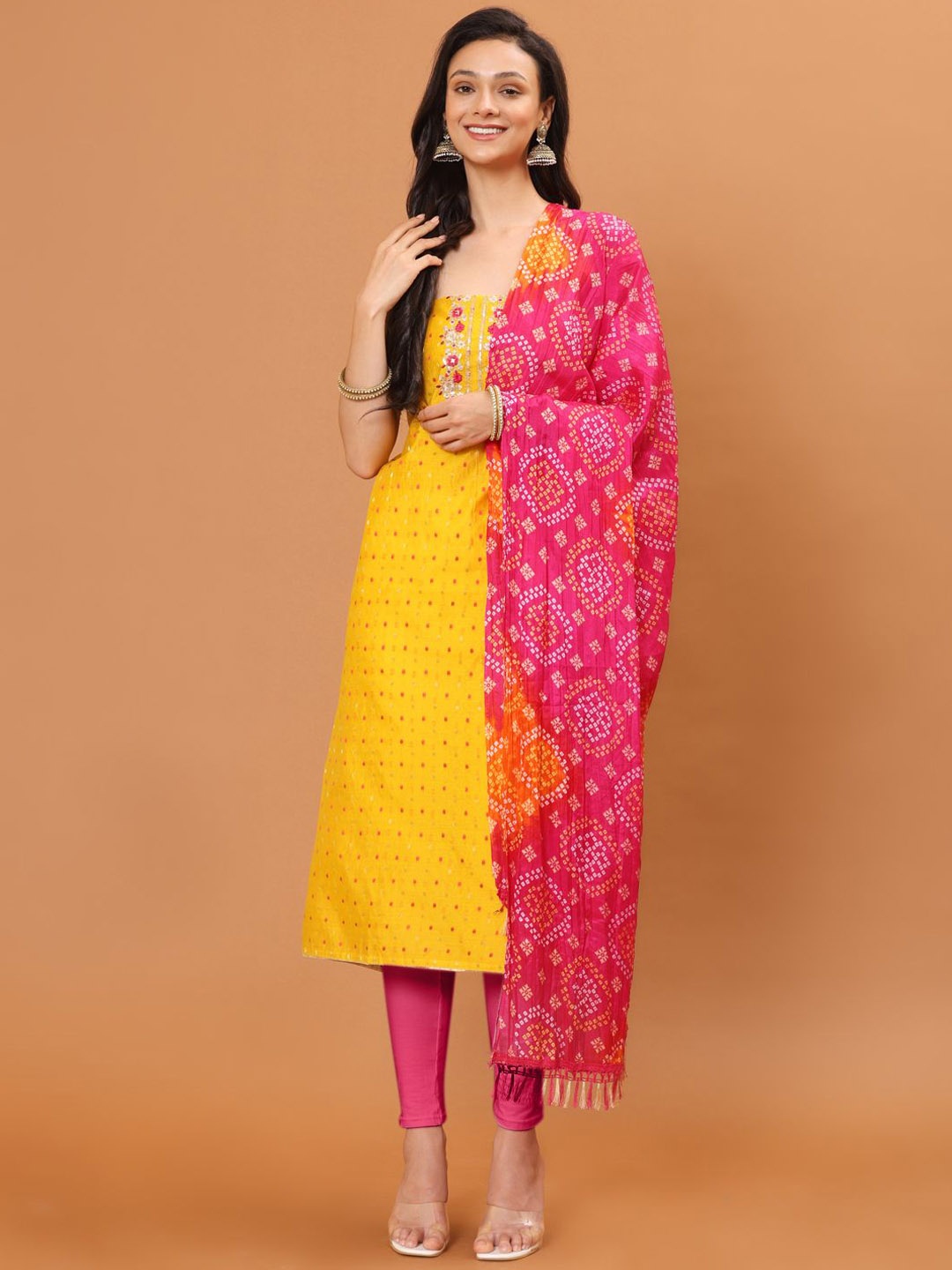 

Meena Bazaar Ethnic Motifs Woven Design Sequinned Unstitched Dress Material, Yellow