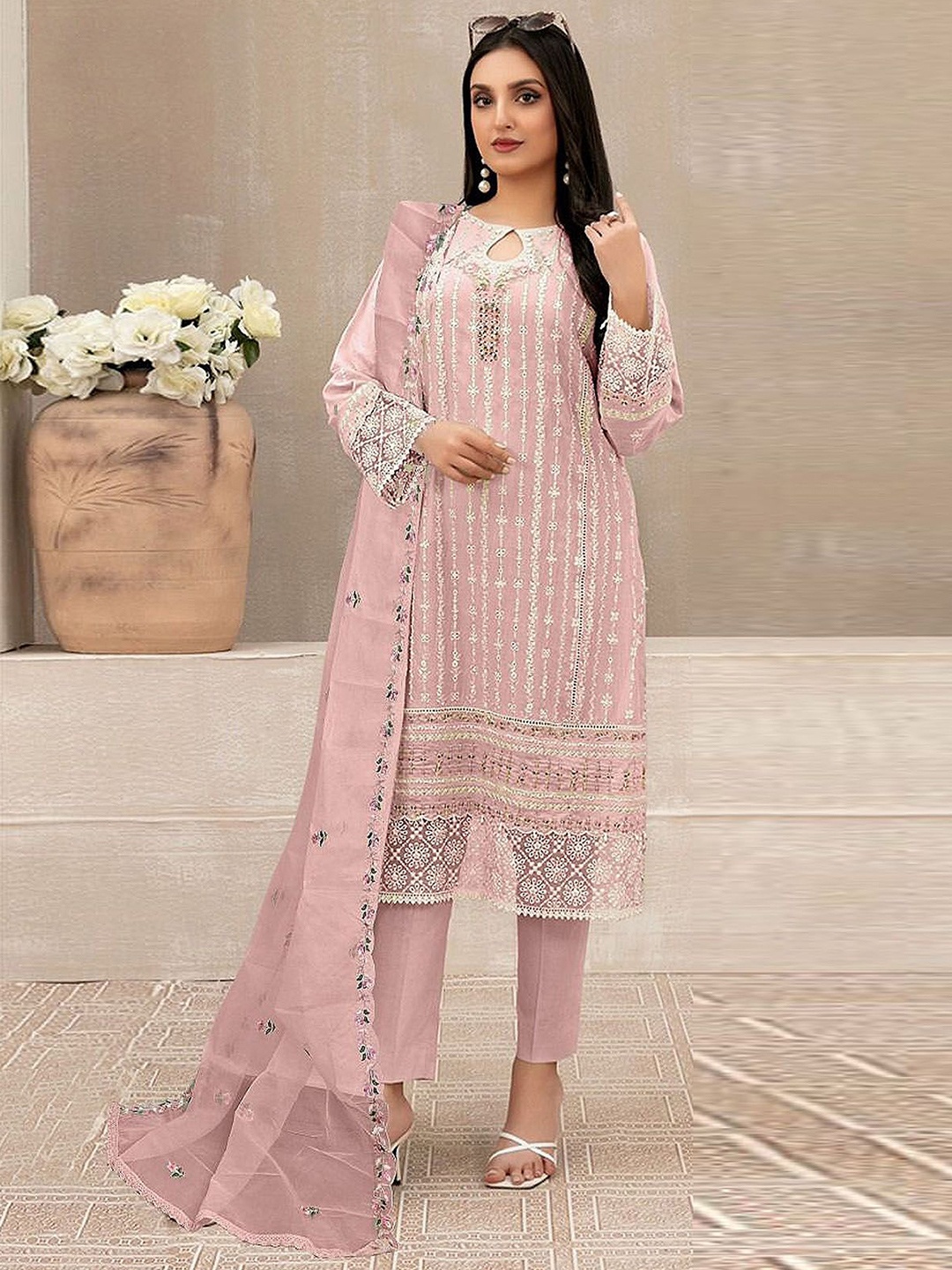 

ODETTE Floral Embroidered Kurta with Trousers & Dupatta, Pink