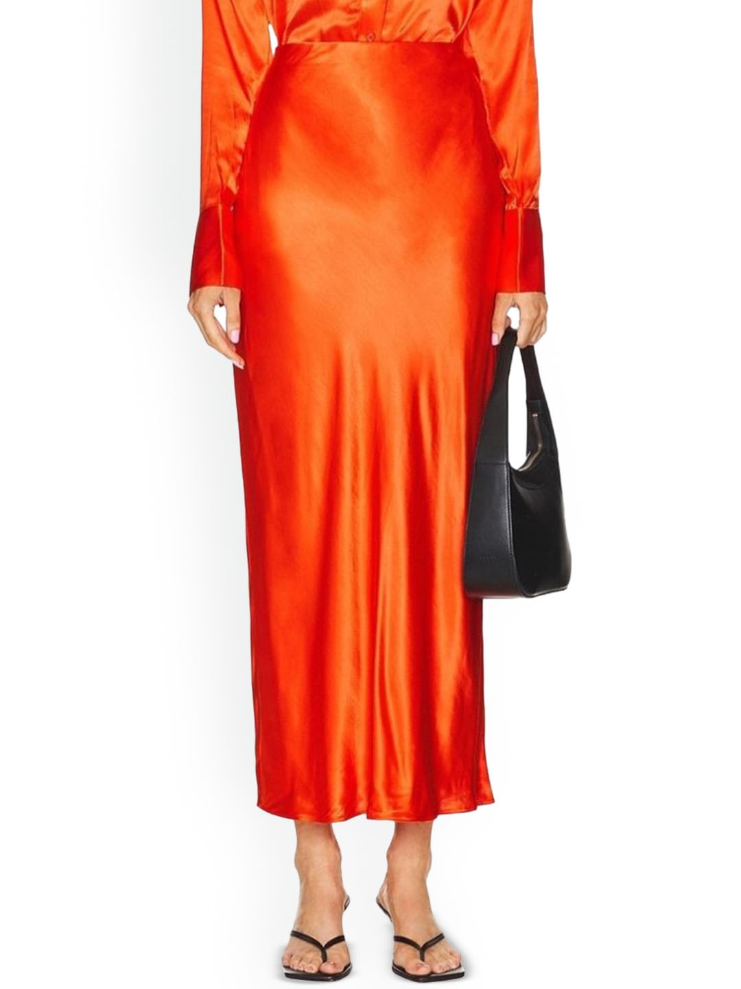 

KPOP Solid Straight Maxi Slip-On Skirt, Orange