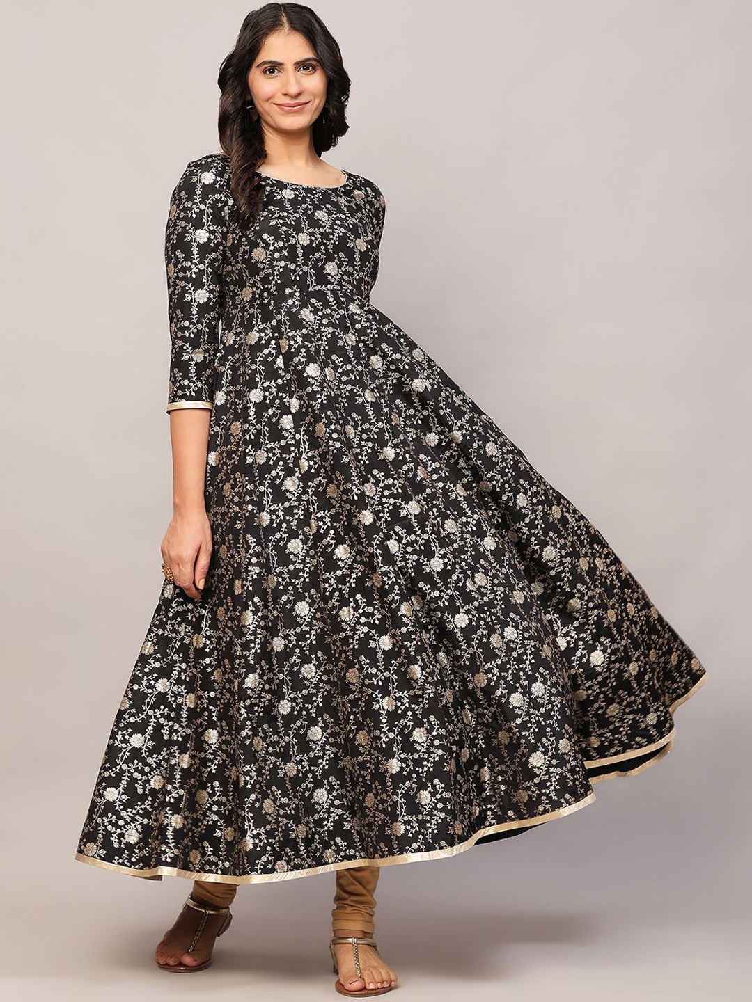 

Poshak Hub Floral Woven Design Chanderi Silk Zari Anarkali Kurta, Black