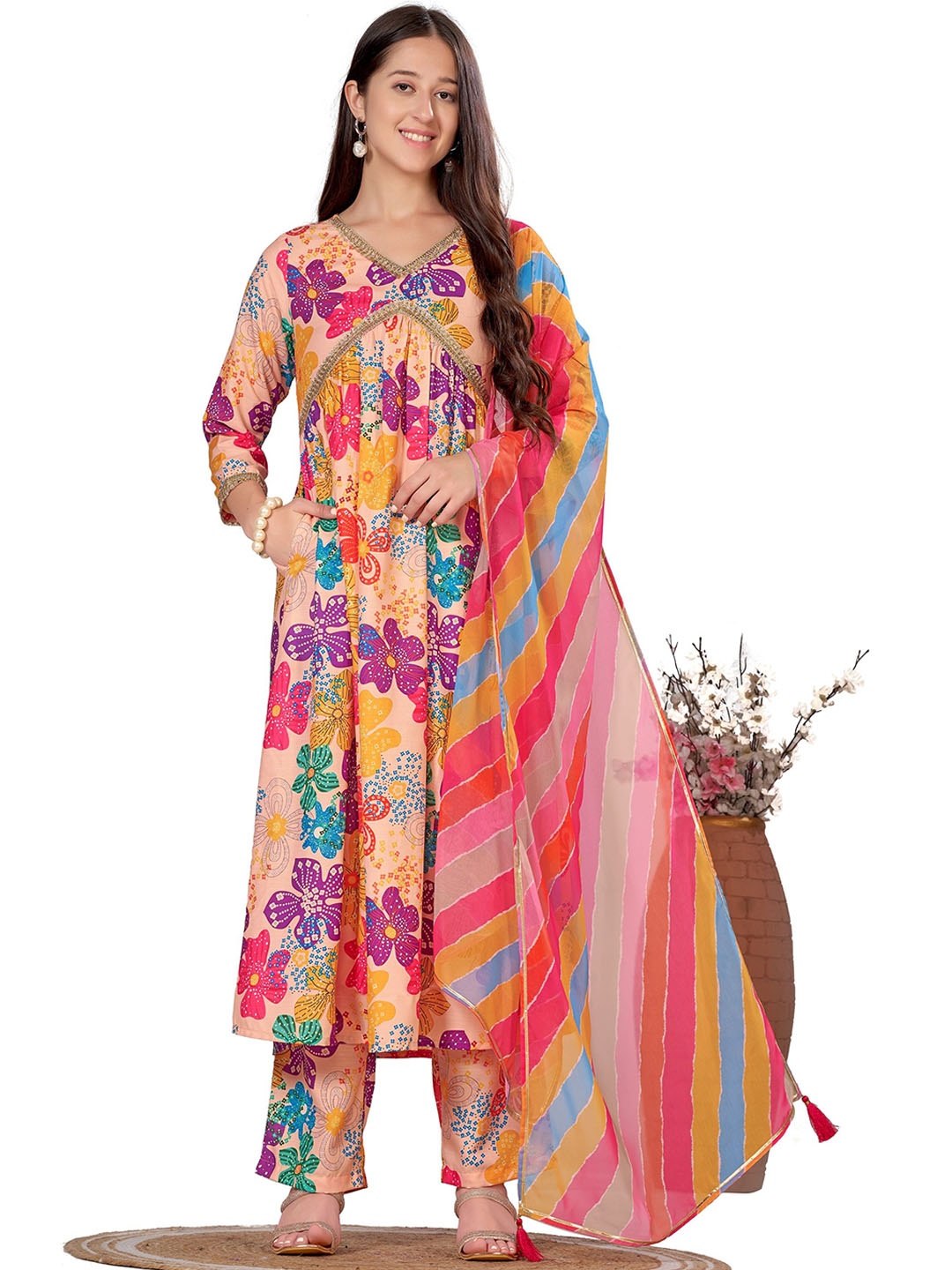 

FAB GALAXY Floral Printed V-Neck Gotta Patti Anarkali Kurta With Trouser And Dupatta, Beige