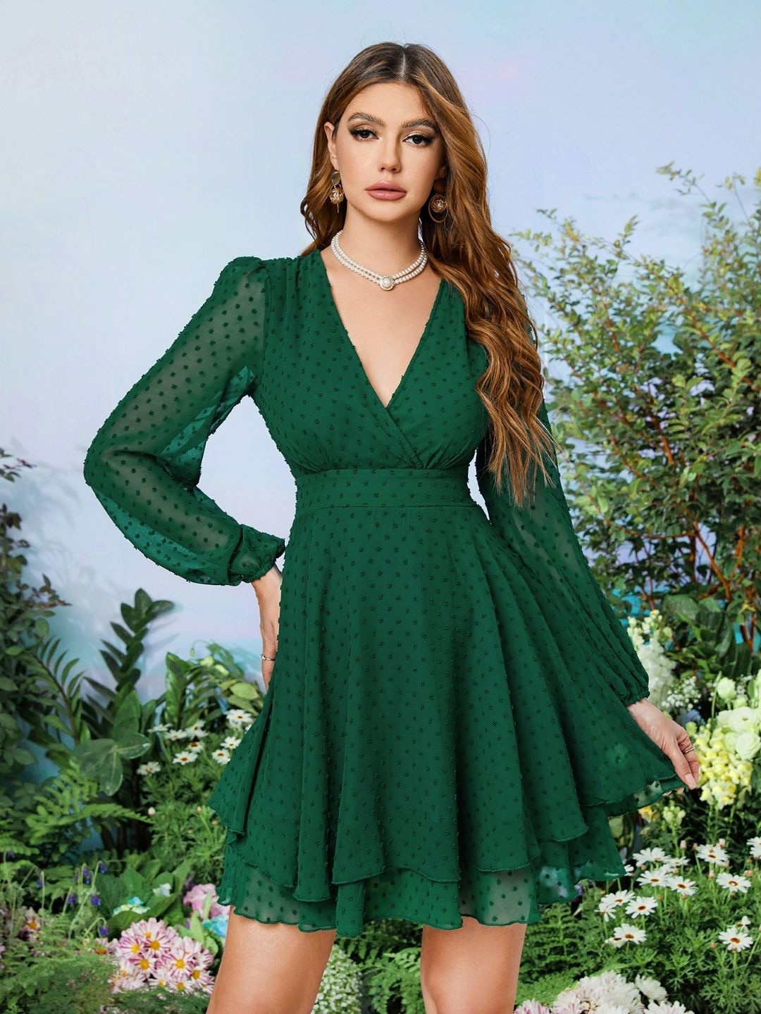 

KPOP Women Solid Puff Sleeves Fit and Flare Dress, Green