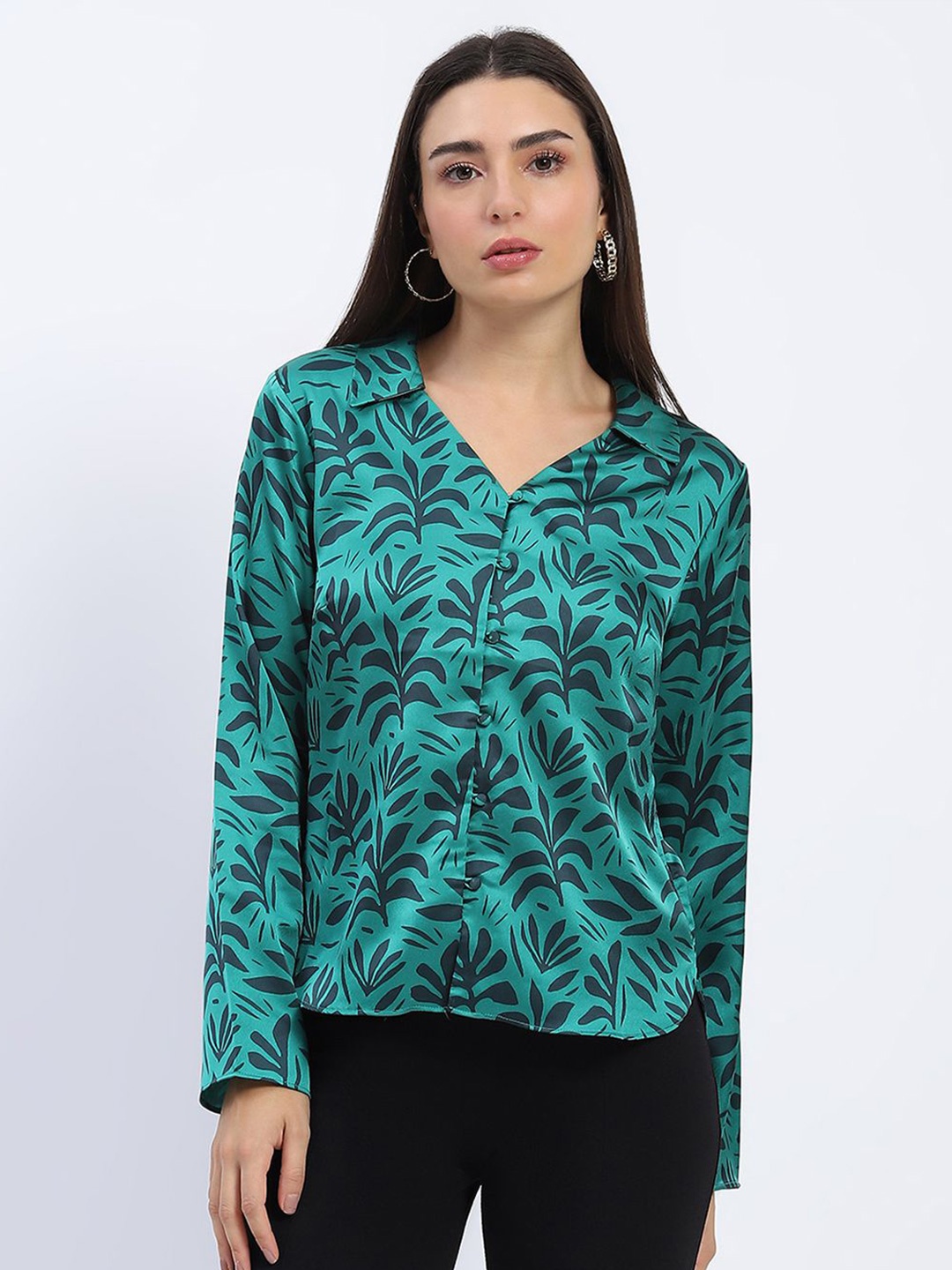 

Madame Women Tropical Printed Shirt Collar Top, Green