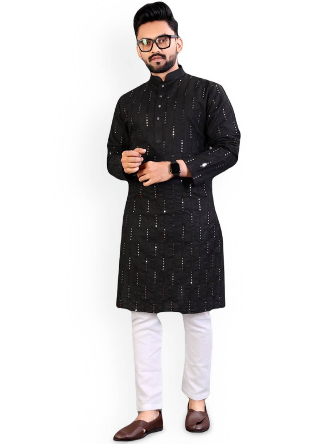 

CHARLOTTE GRACIOUS Striped Embroidered Mandarin Collar Mirror Work Straight Kurta, Black