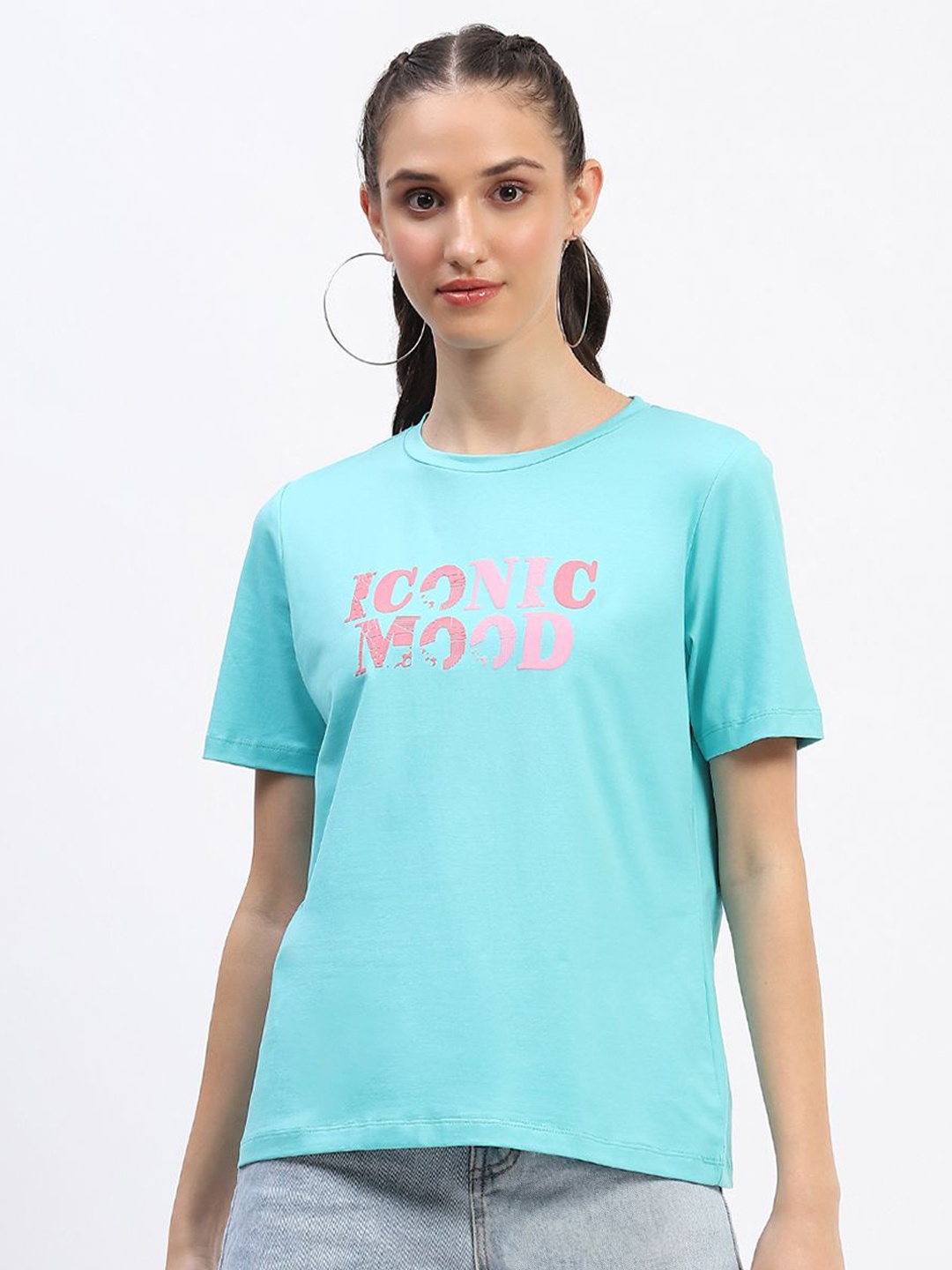 

Madame Women Typography Printed Round Neck Cotton Top, Blue
