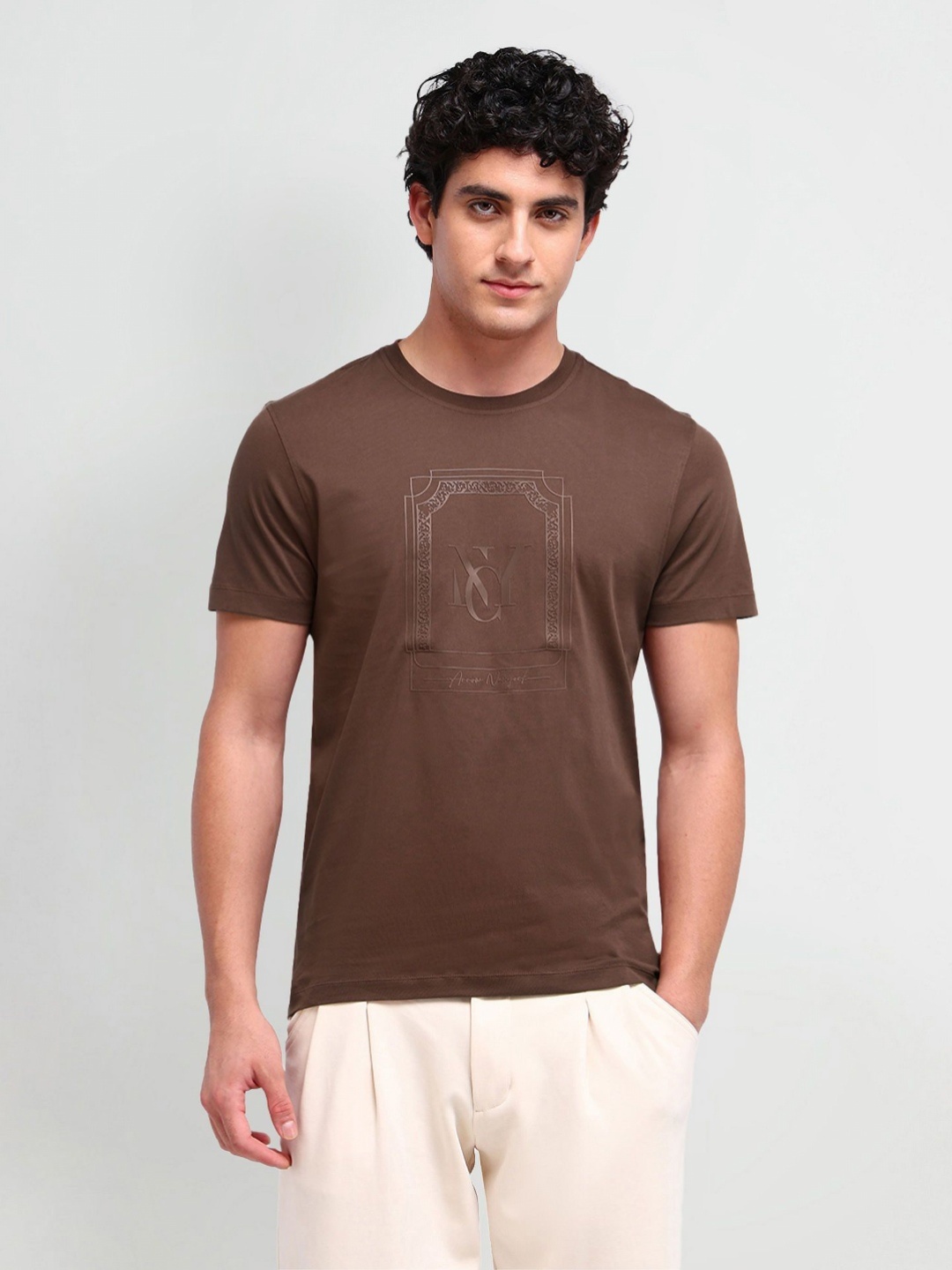 

Arrow New York Men Graphic Printed Round Neck Cotton T-shirt, Brown