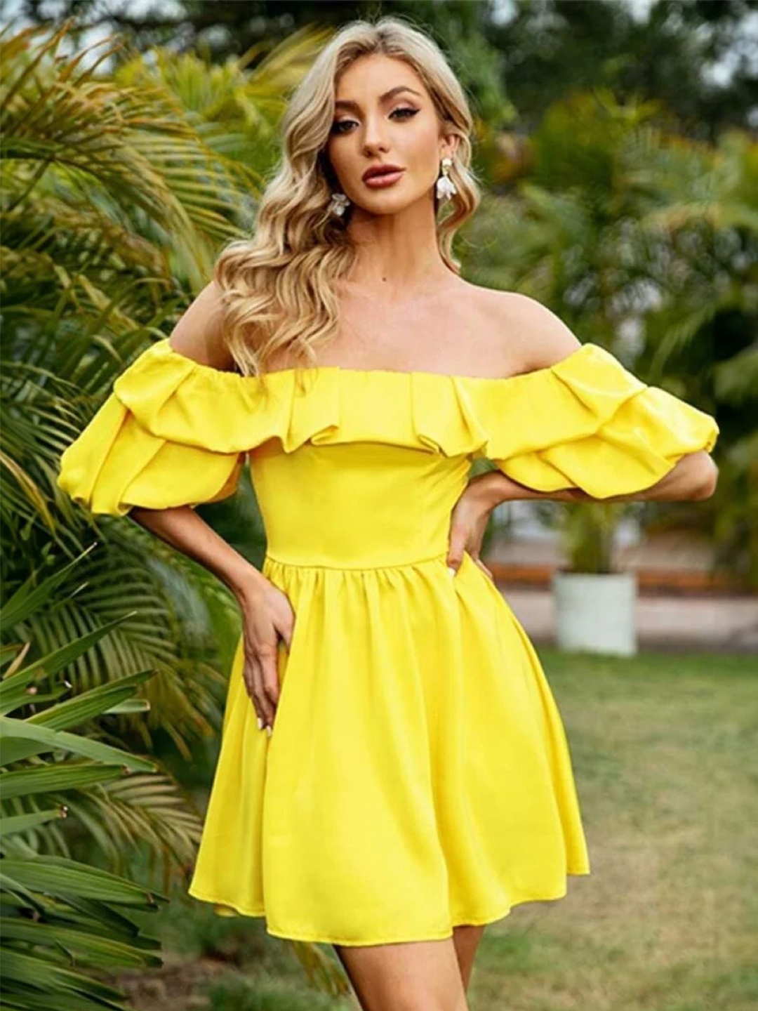 

KPOP Women Off-Shoulder Puff Sleeve A-Line Dress, Yellow