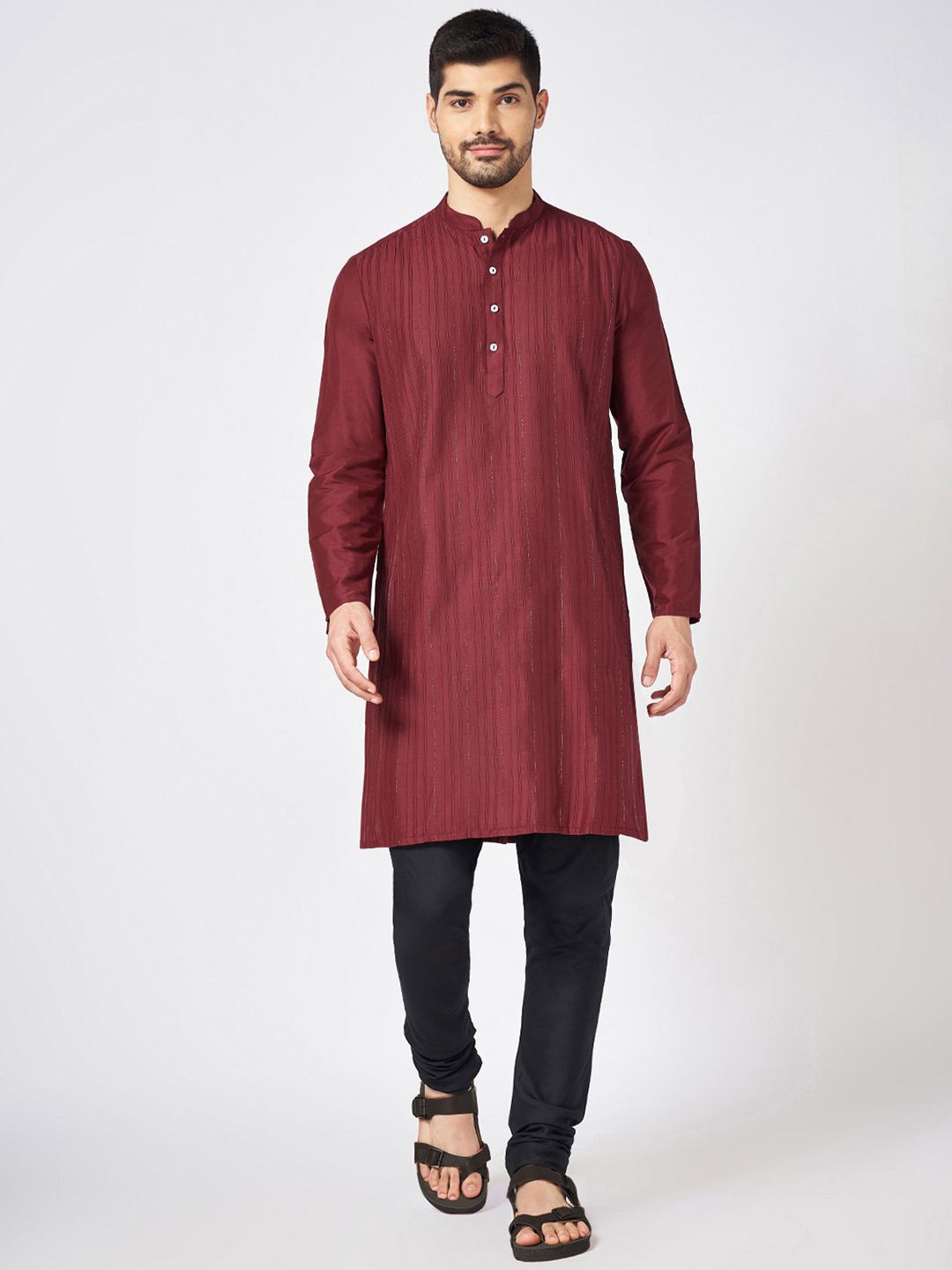 

indus route by Pantaloons Striped Mandarin Collar Thread Work Viscose Rayon Kurta, Maroon