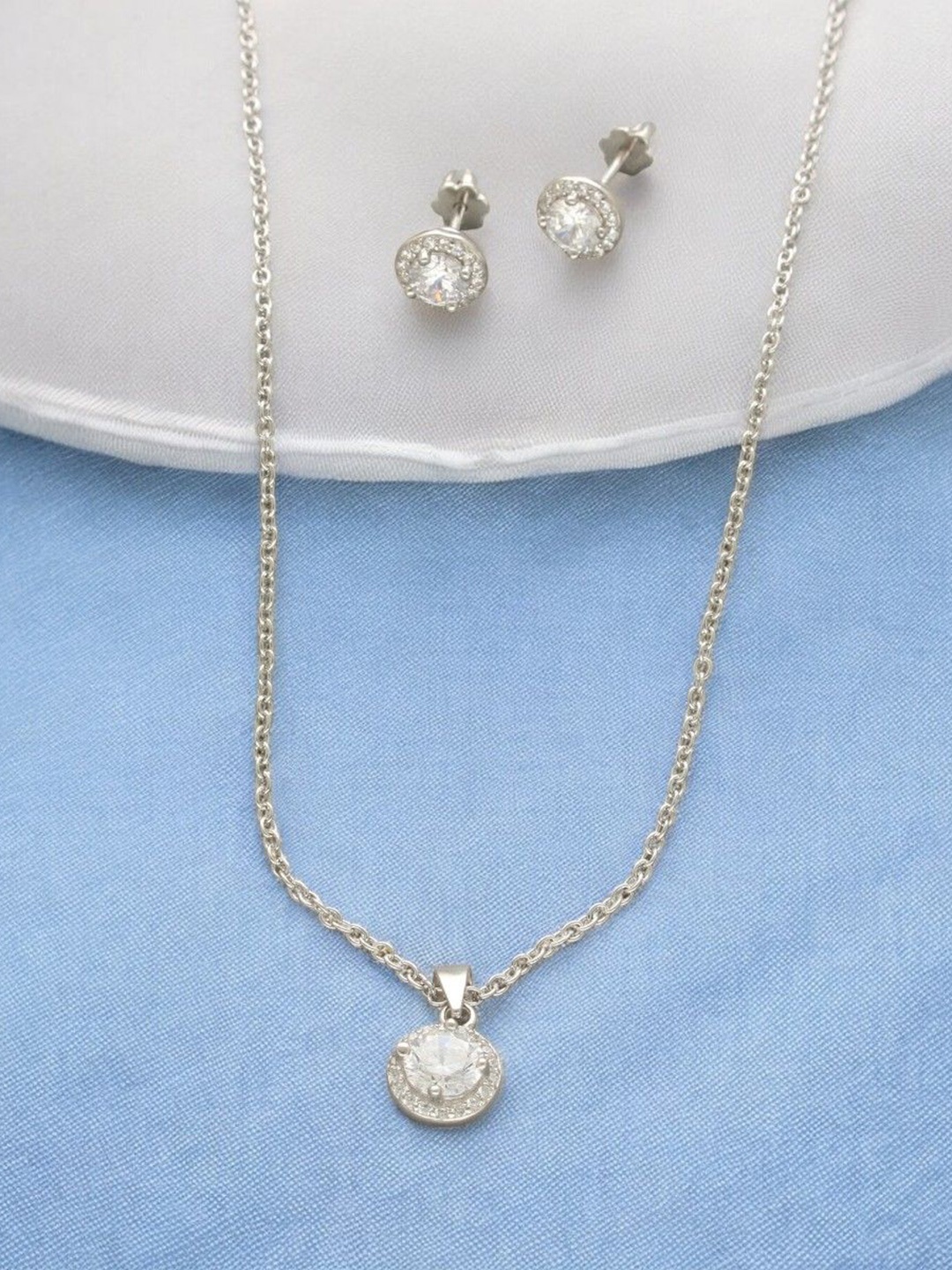 

Sri Jagdamba Pearls Dealer 925 Sterling Silver-Plated CZ-Studded Necklace and Earrings