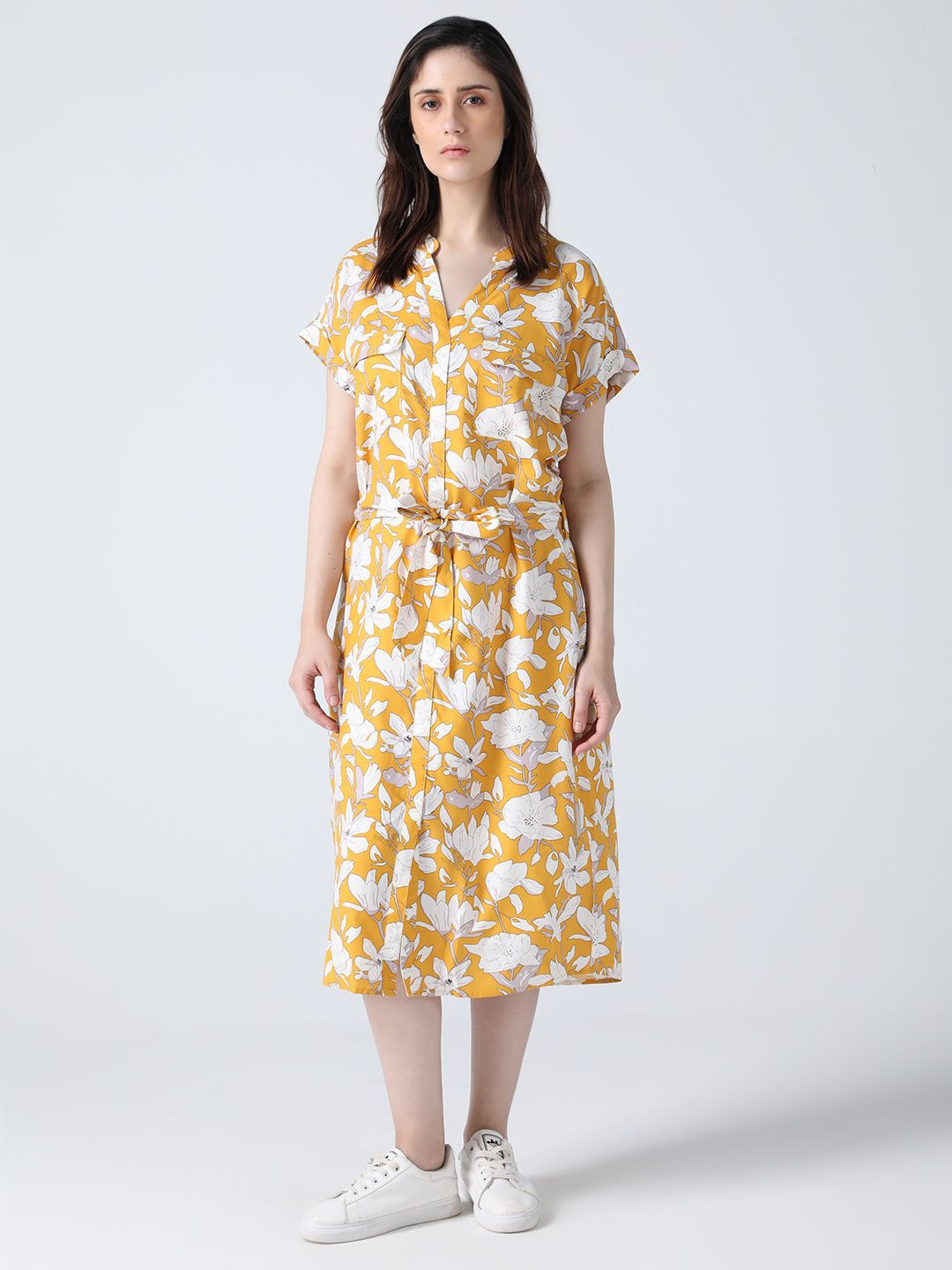 

IDK Floral Floral Printed Shirt Midi Dress, Yellow