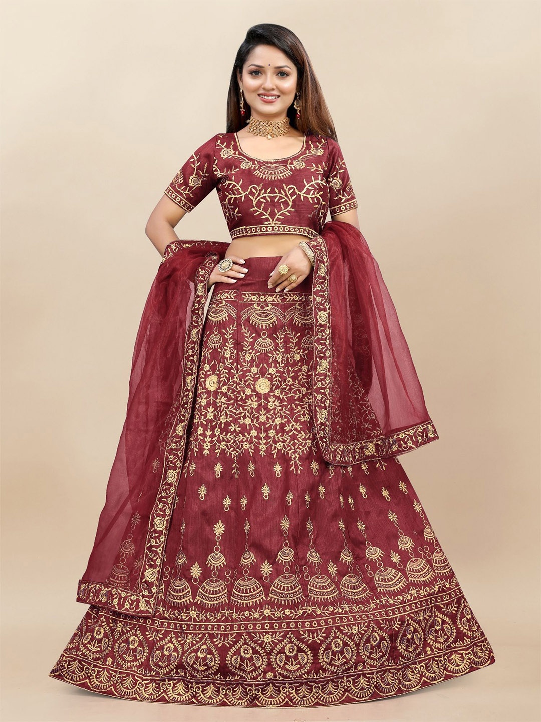 

LADY SHOPI Embroidered Thread Work Semi-Stitched Lehenga & Unstitched Blouse With Dupatta, Maroon