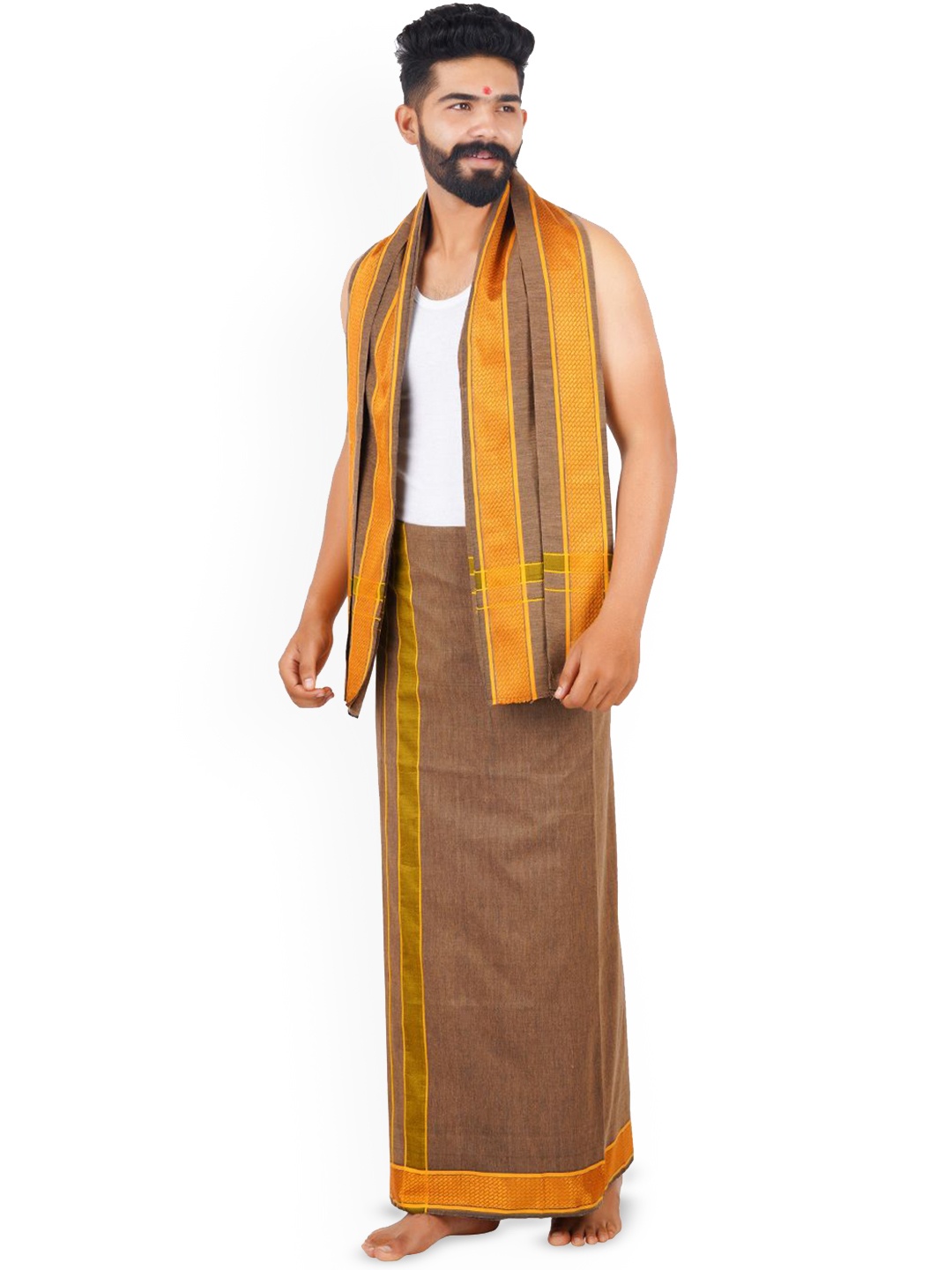 

Ethazh Men Cotton Dhoti & Angavastram Set, Brown