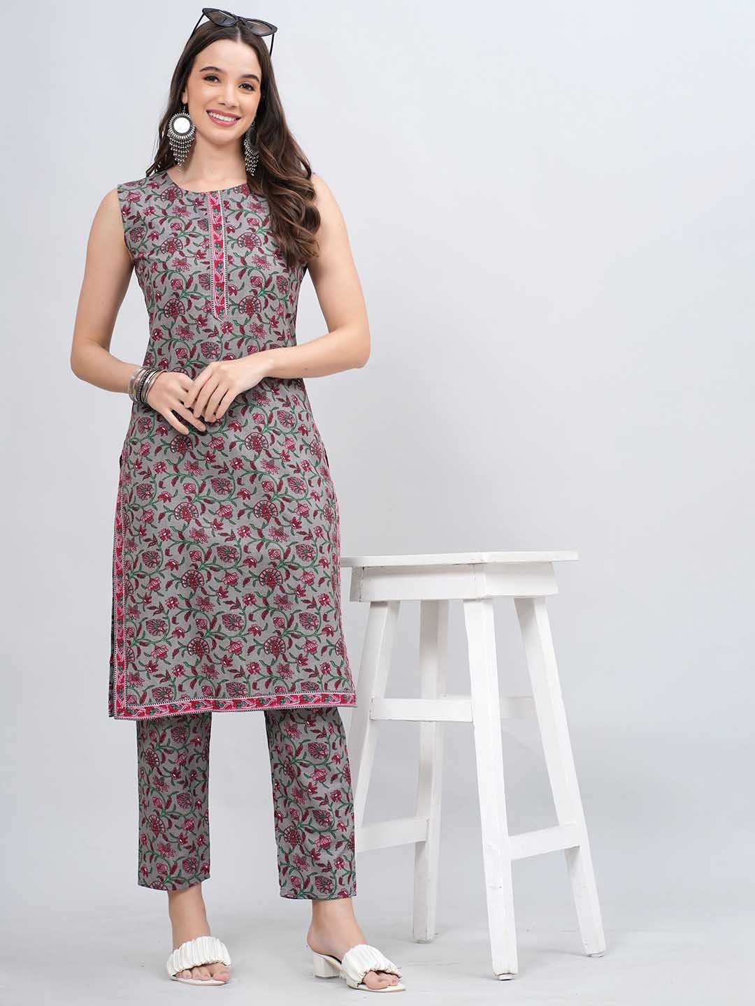 

MFGIVA Women Floral Printed Regular Pure Cotton Kurta with Trousers, Grey