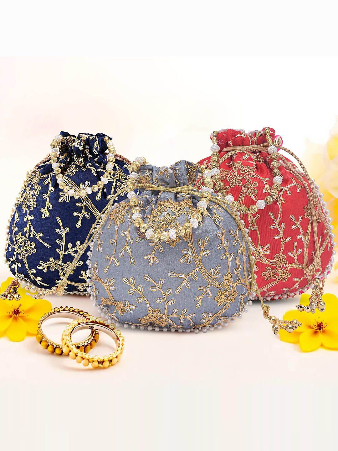 

Kuber Industries Set of 3 Embroidered Potli Bags, Blue