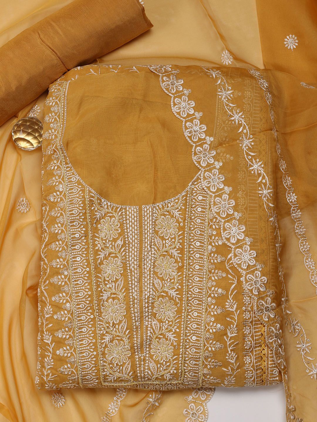 

Meena Bazaar Embroidered Organza Unstitched Dress Material, Mustard